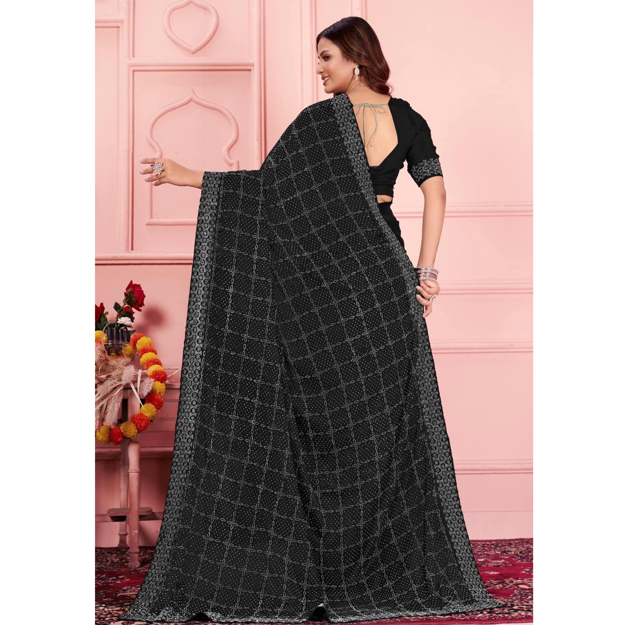 Black Swarovski Work Satin Saree