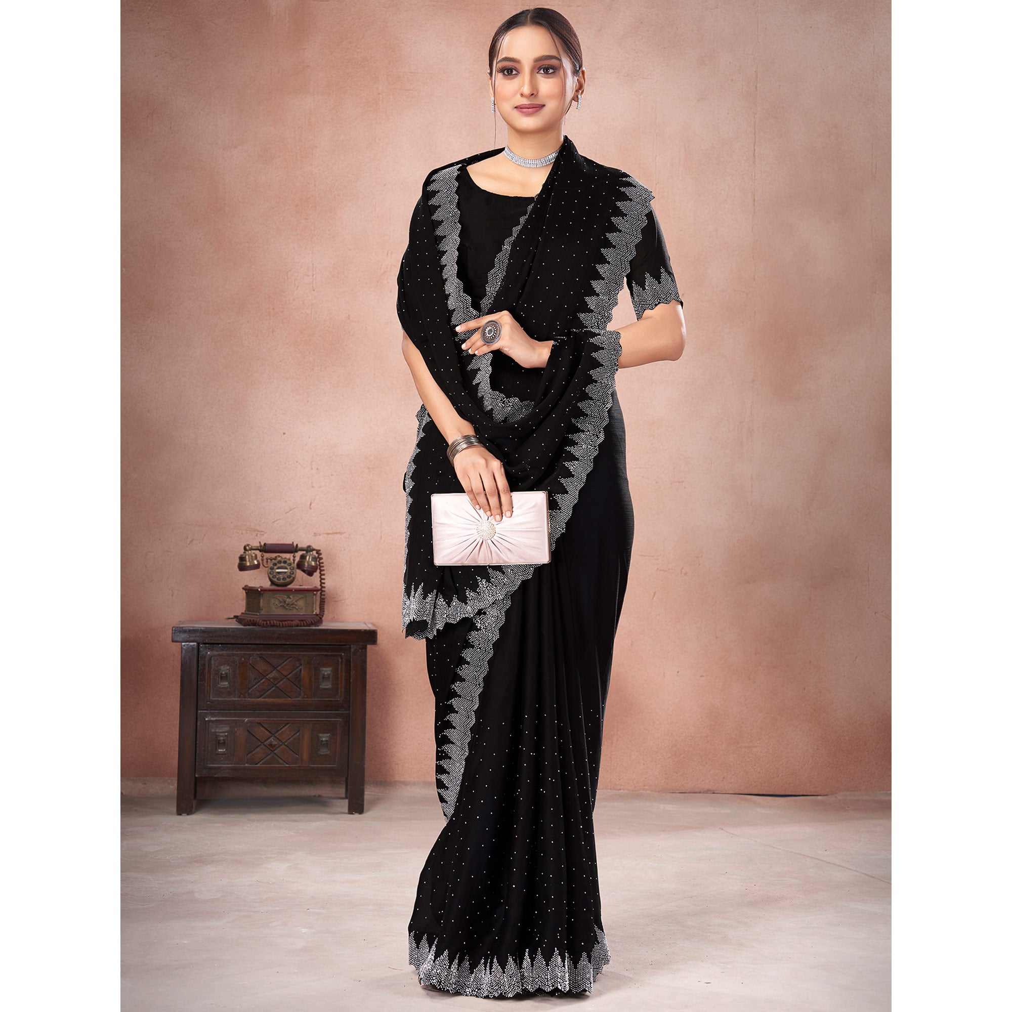 Black Swarovski Work Satin Saree