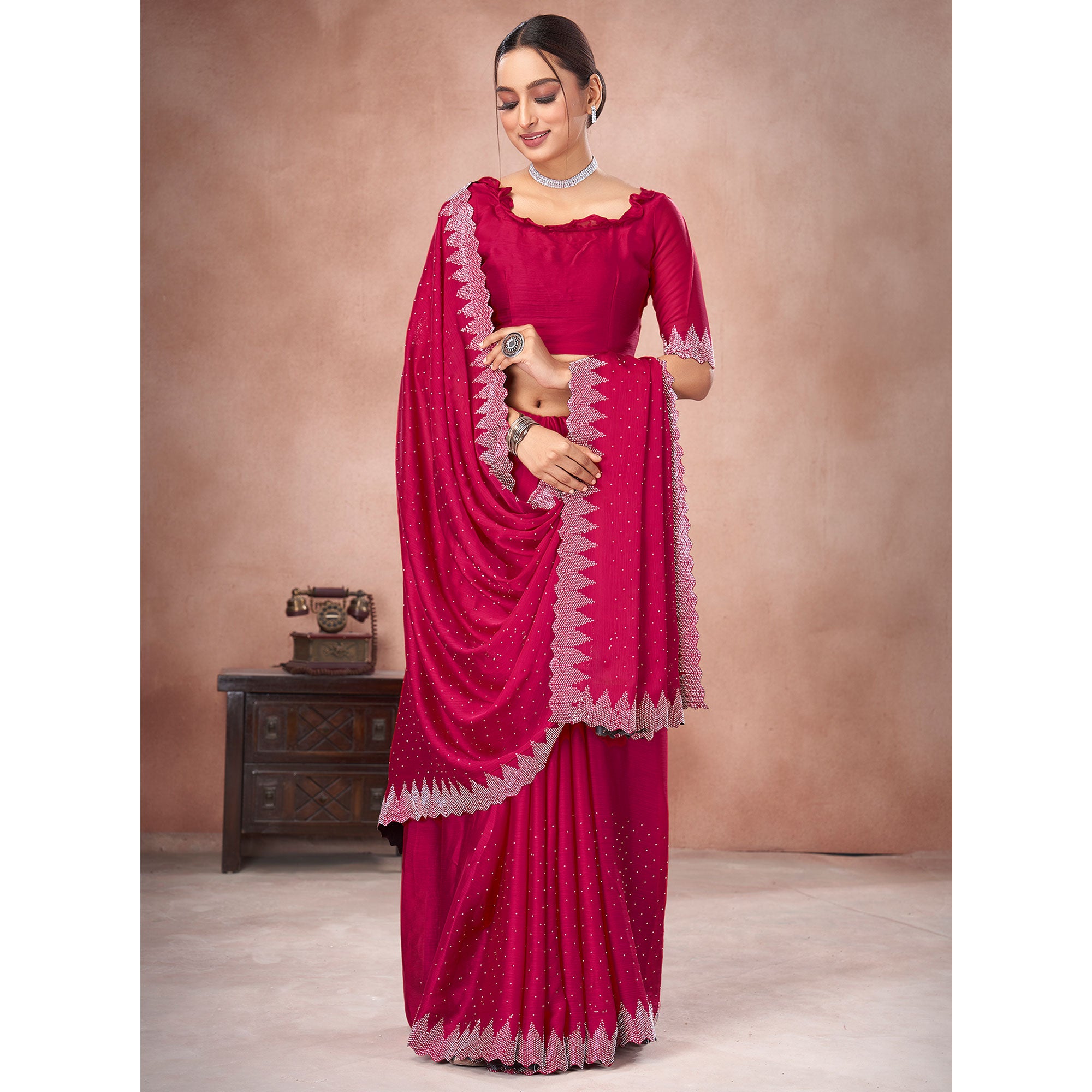 Pink Swarovski Work Satin Saree