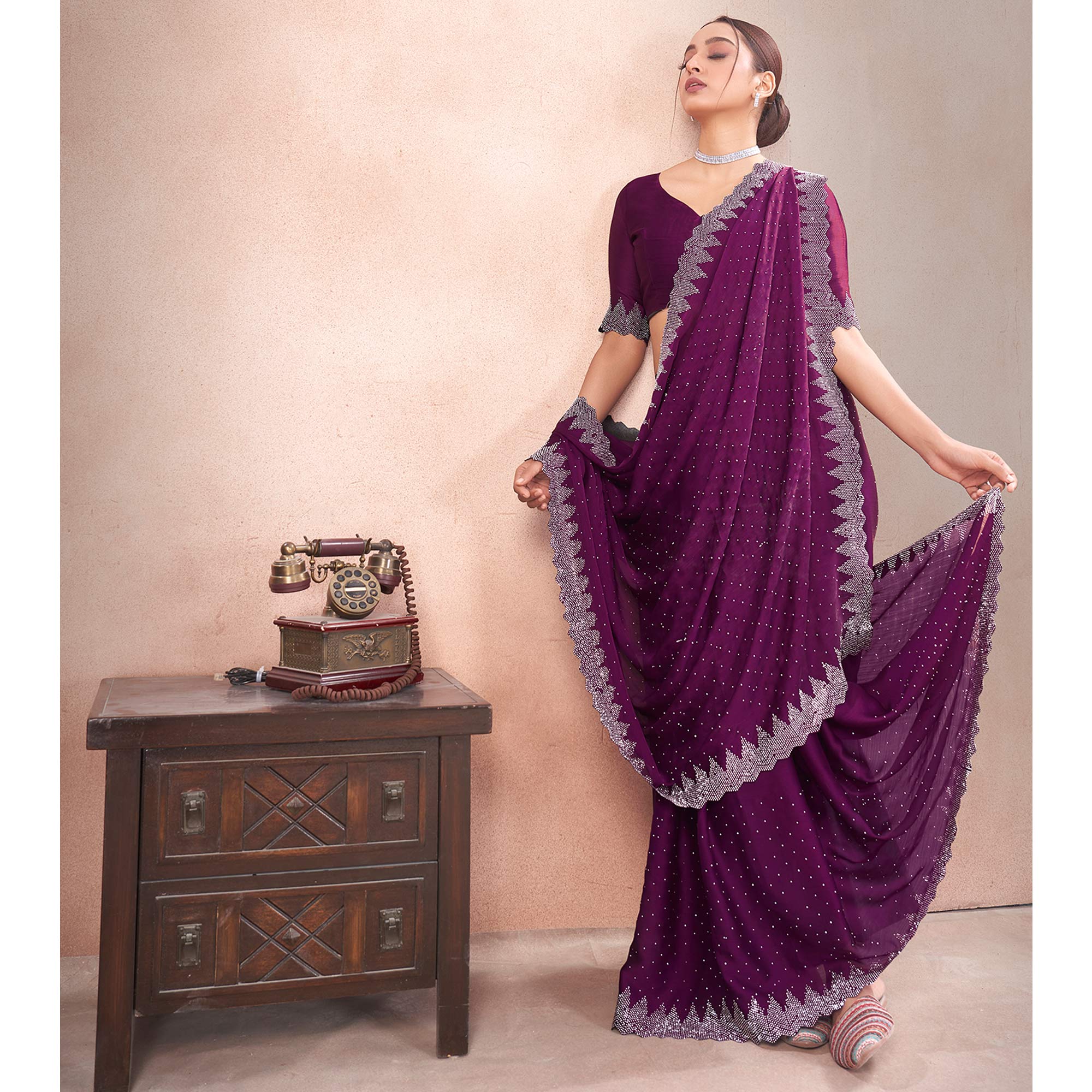 Wine Swarovski Work Satin Saree