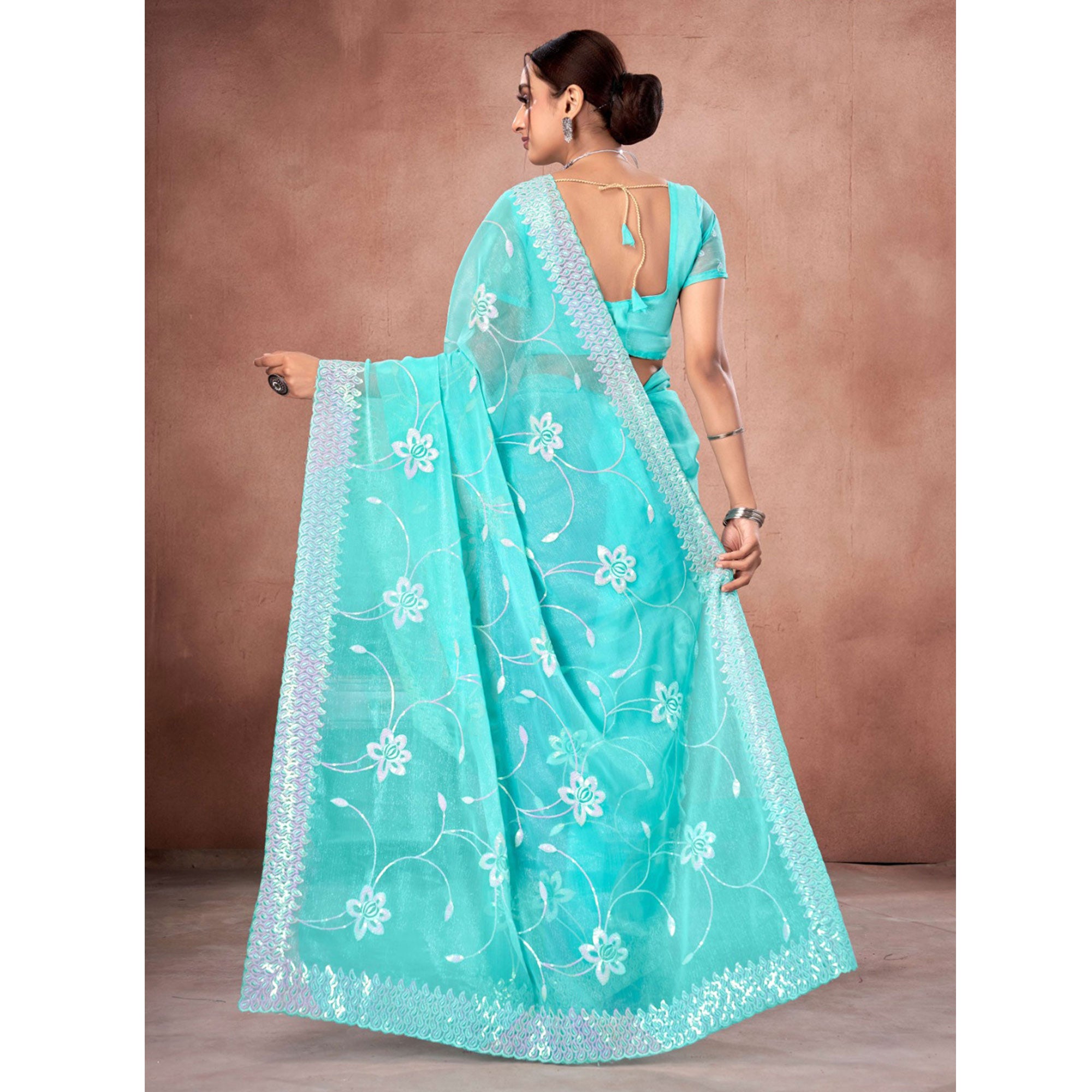 Blue Floral Sequins Embroidered Chiffon Saree