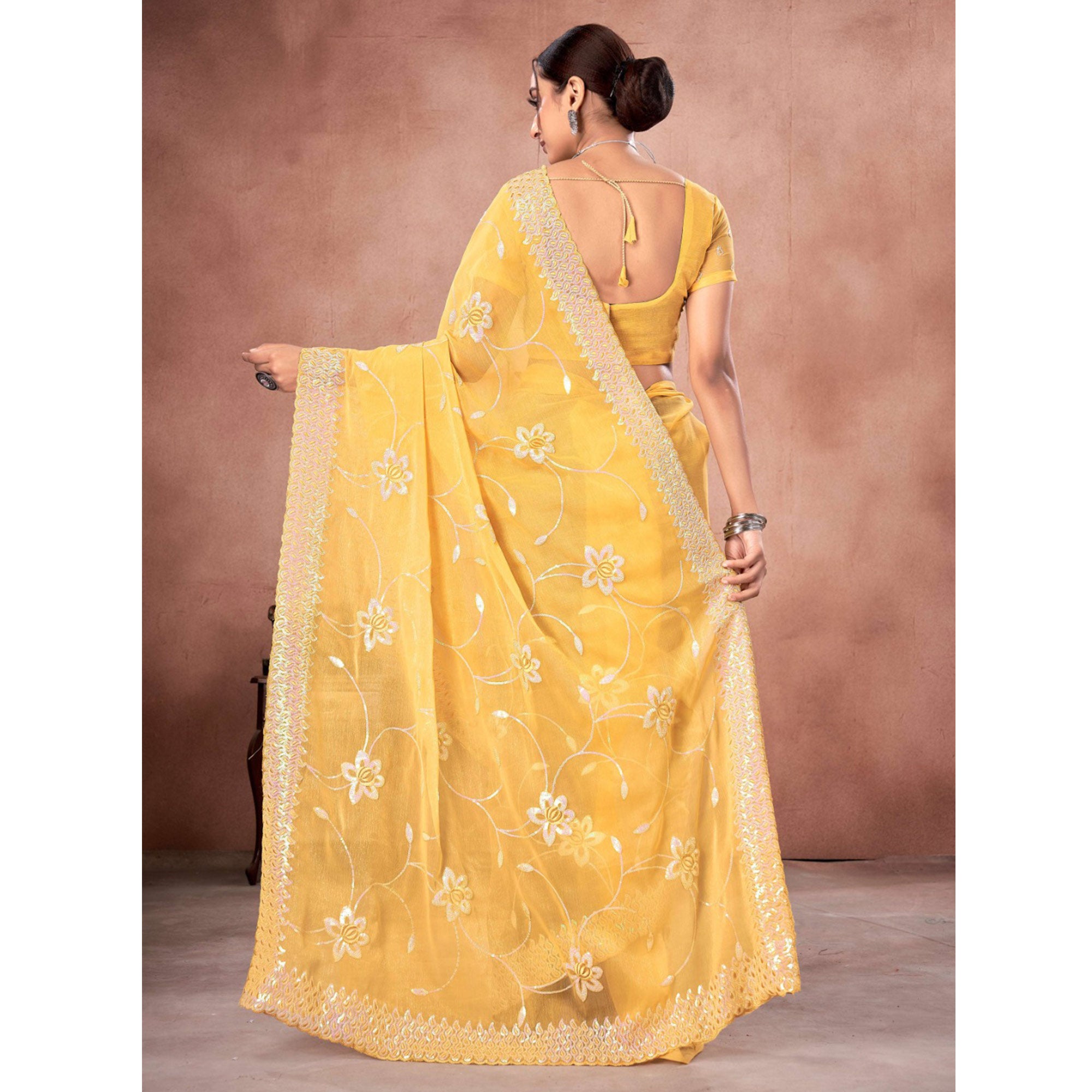 Yellow Floral Sequins Embroidered Chiffon Saree