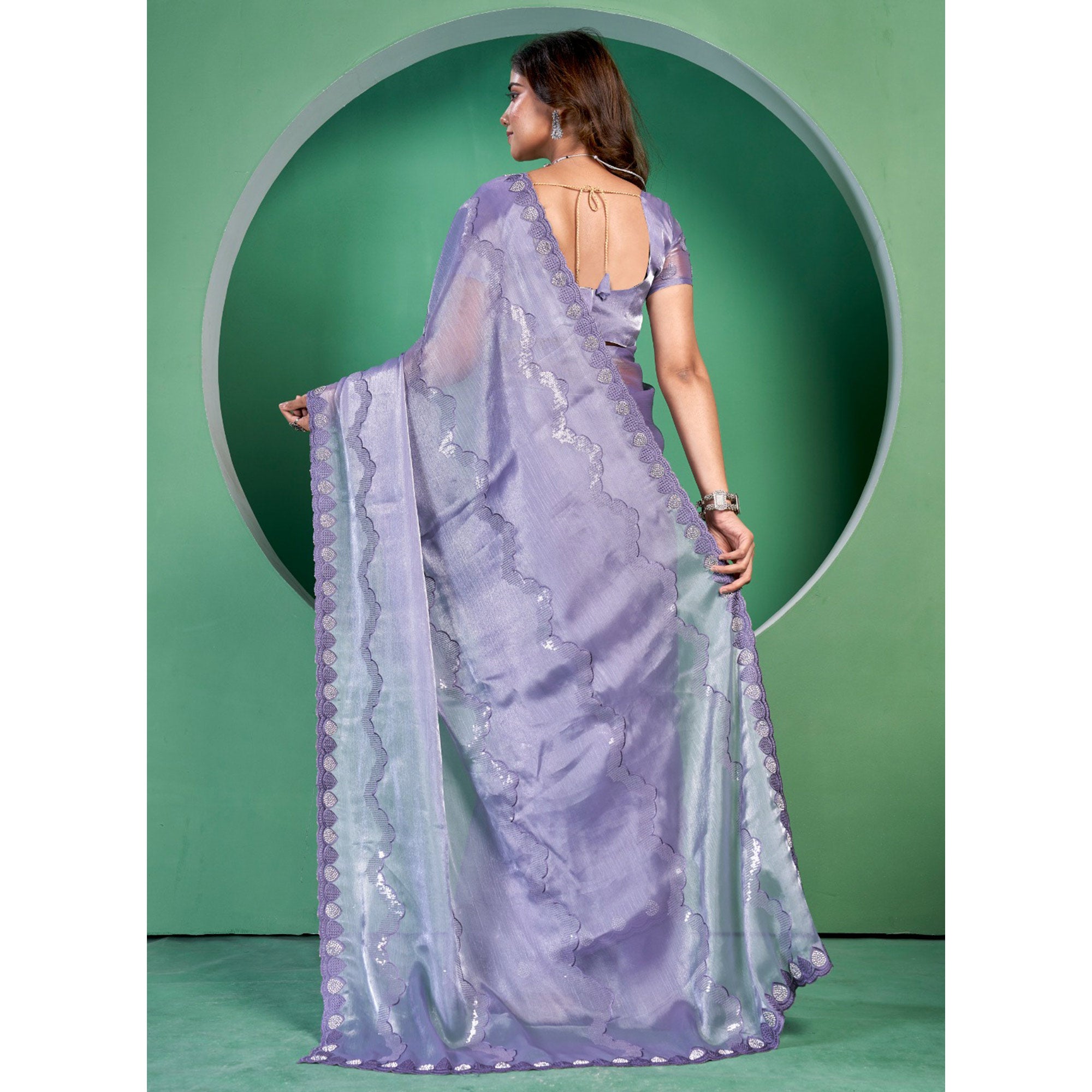 Purple Sequins Embroidered Chiffon Saree With Diamond Border