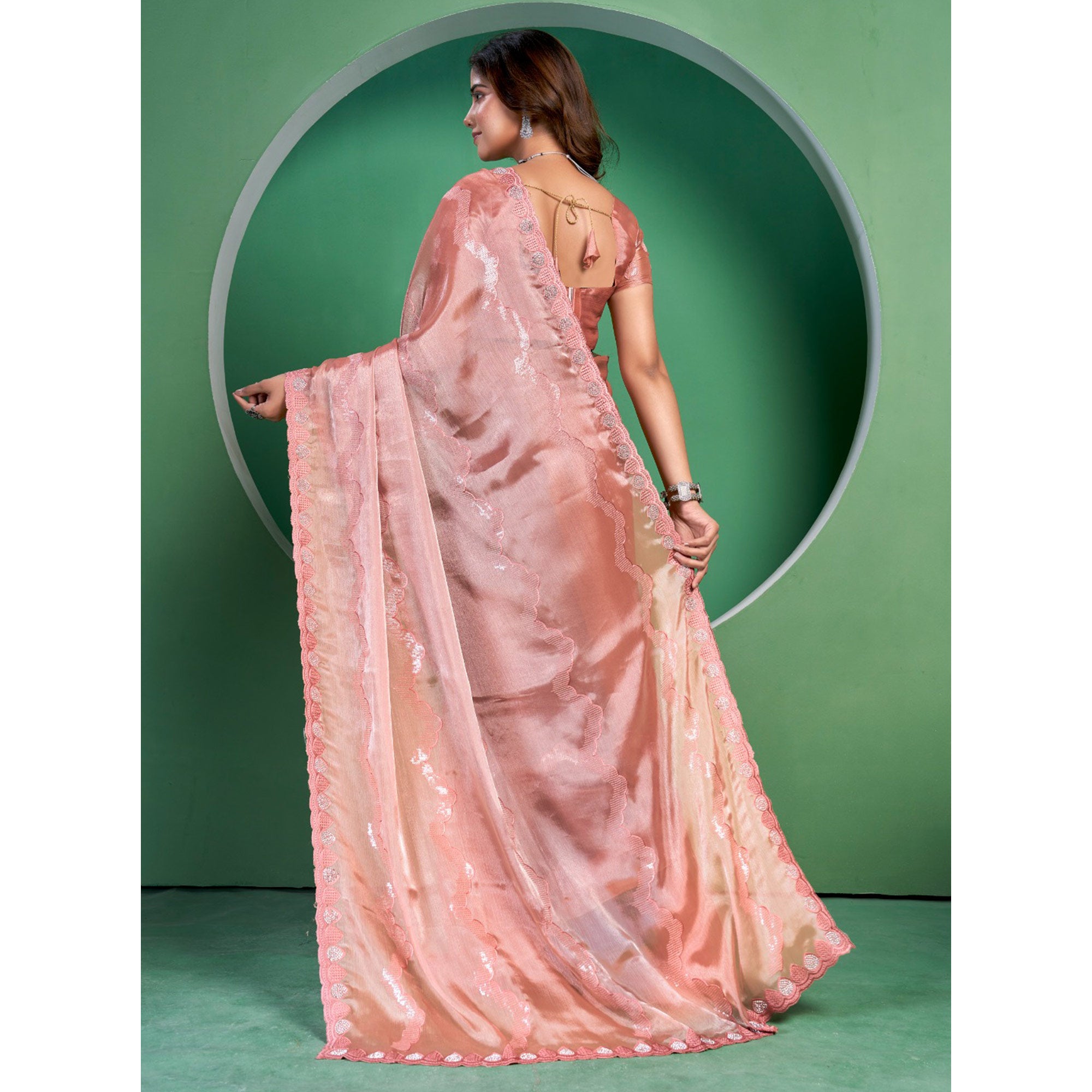 Peach Sequins Embroidered Chiffon Saree With Diamond Border