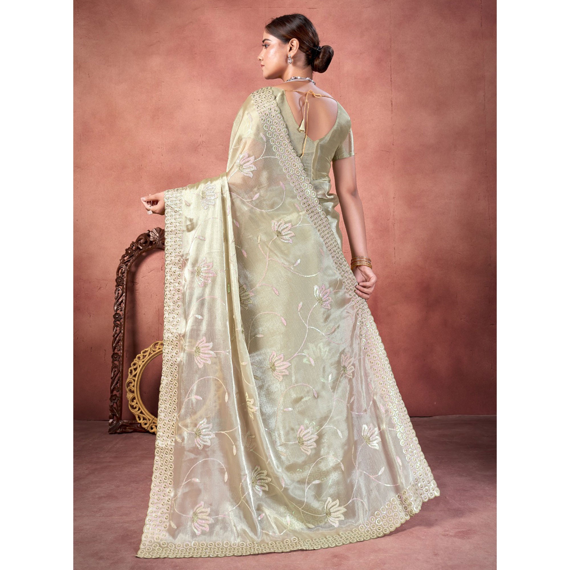 Pista Green Floral Sequins Embroidered chiffon Saree