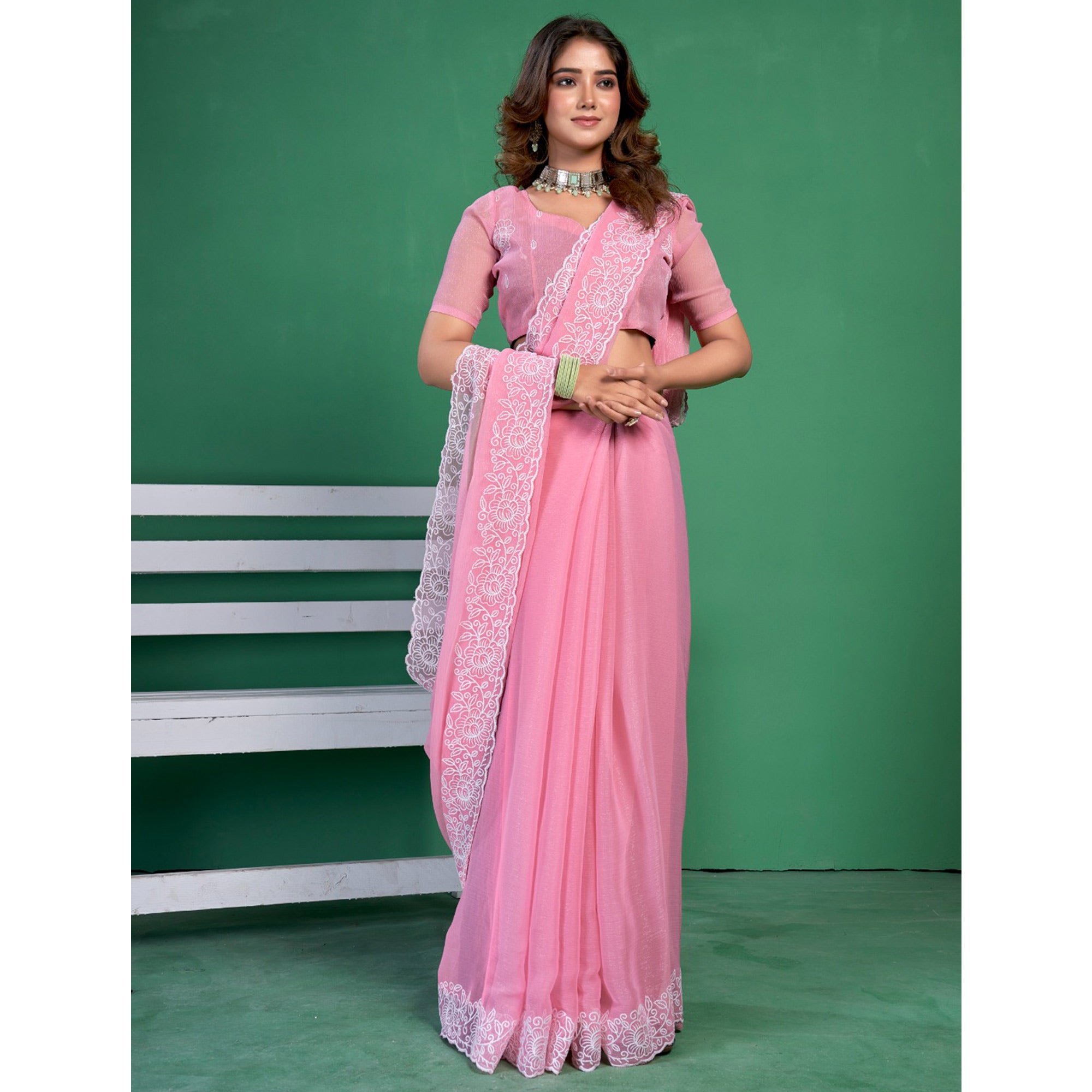 Pink Chiffon Saree With Embroidered Border
