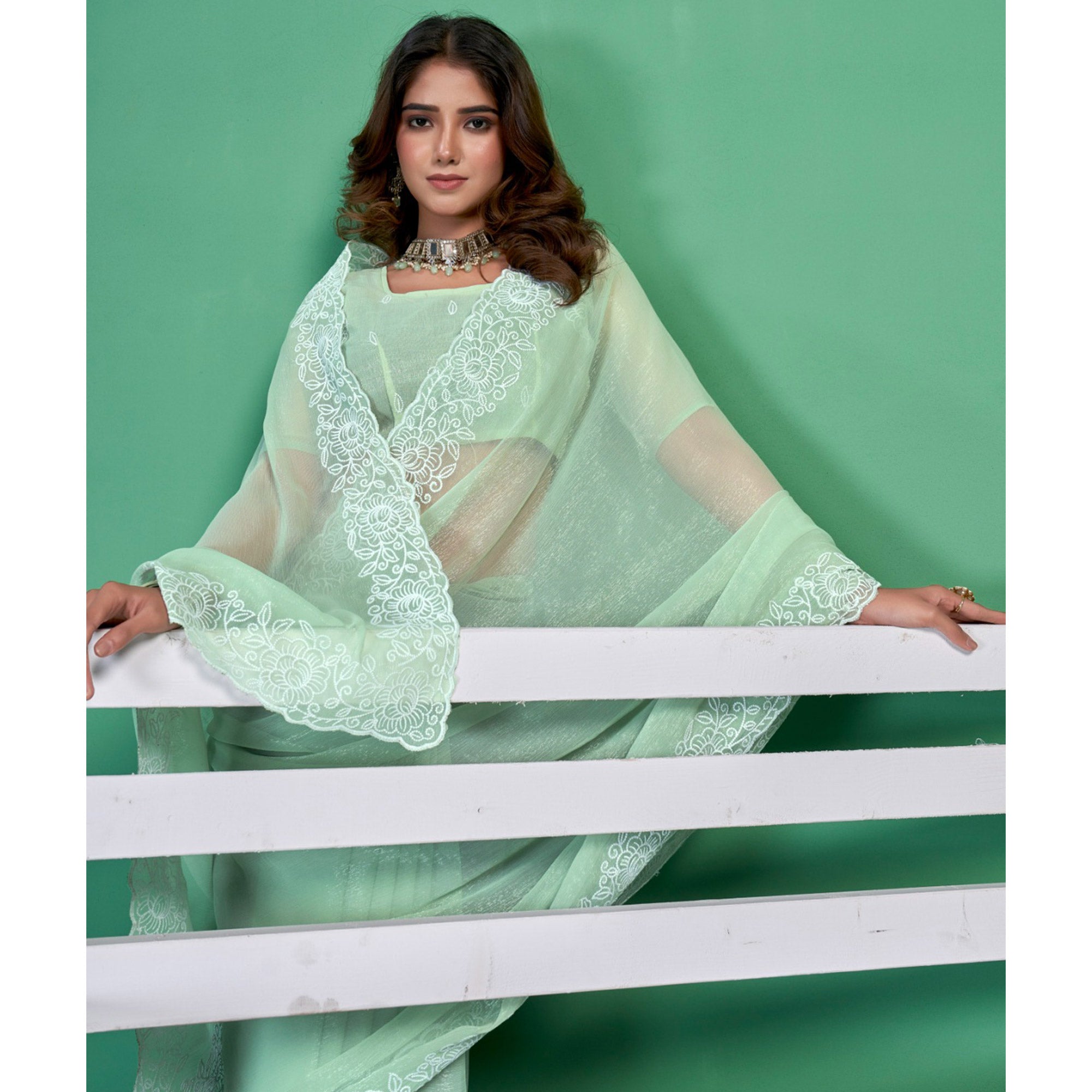 Green Chiffon Saree With Embroidered Border