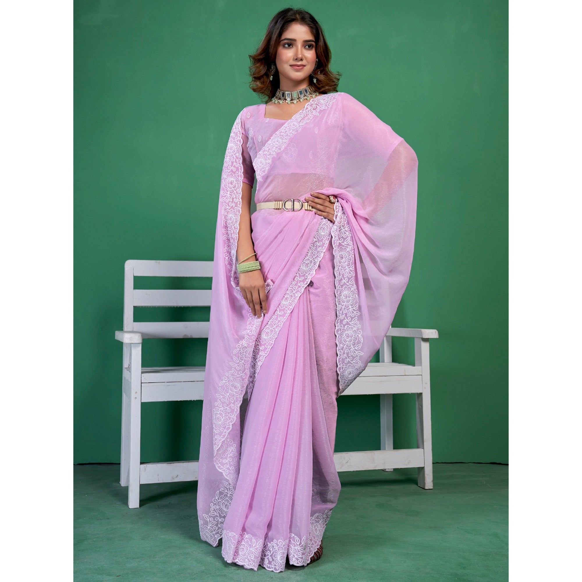 Purple Chiffon Saree With Embroidered Border