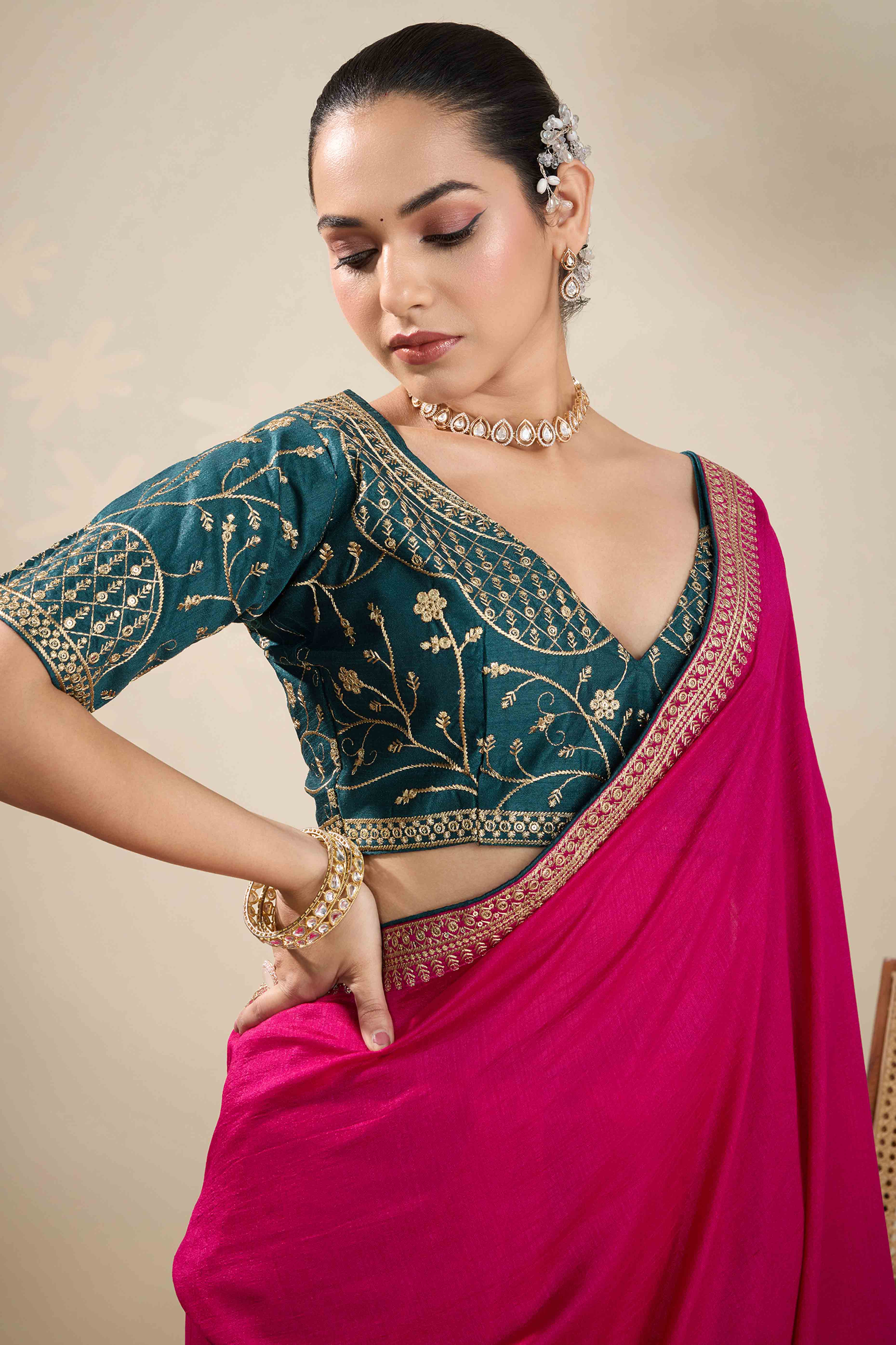 Graceful Vichitra Silk Saree in Pink with Embroidered Bordering