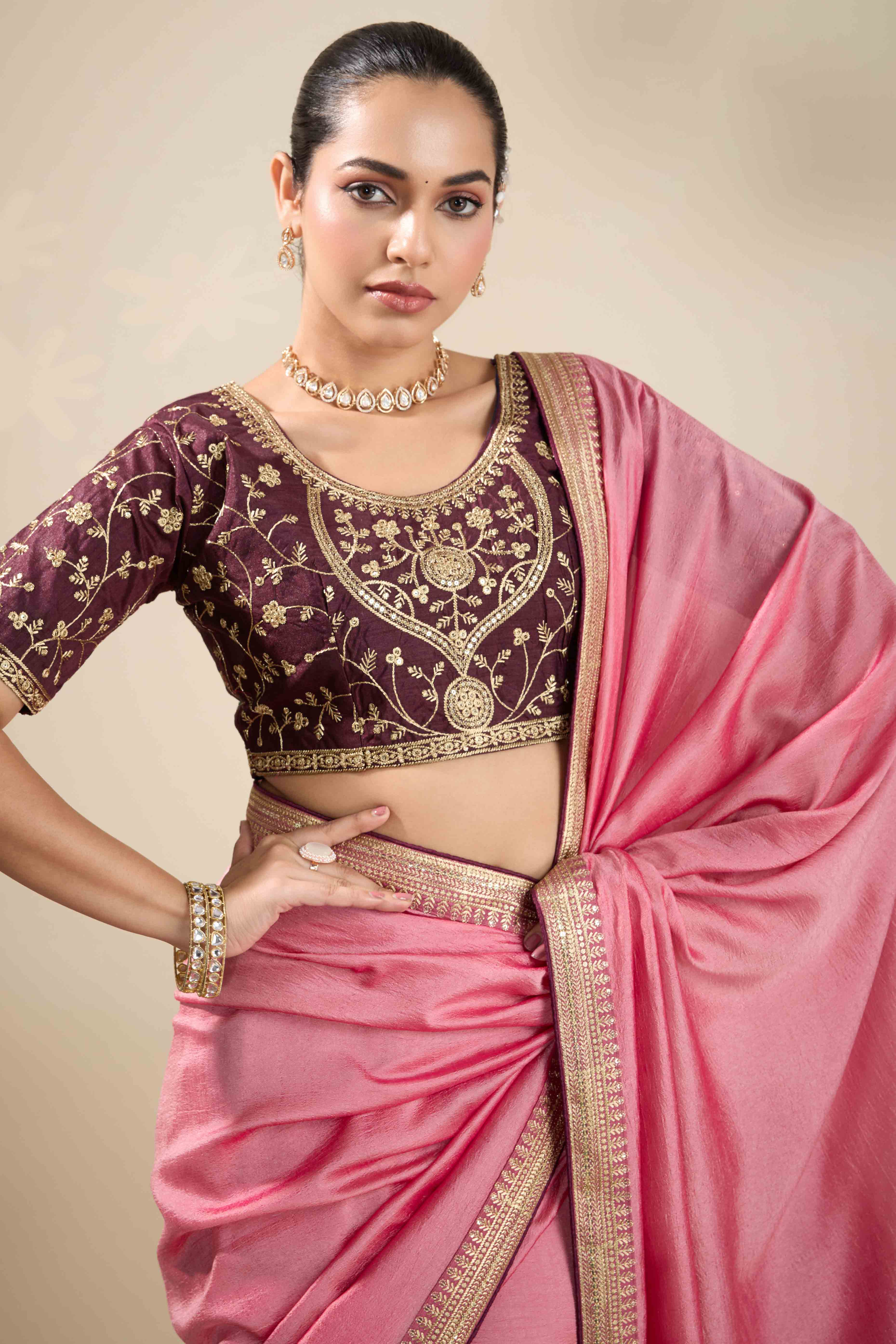 Graceful Vichitra Silk Saree in Baby Pink with Embroidered Bordering