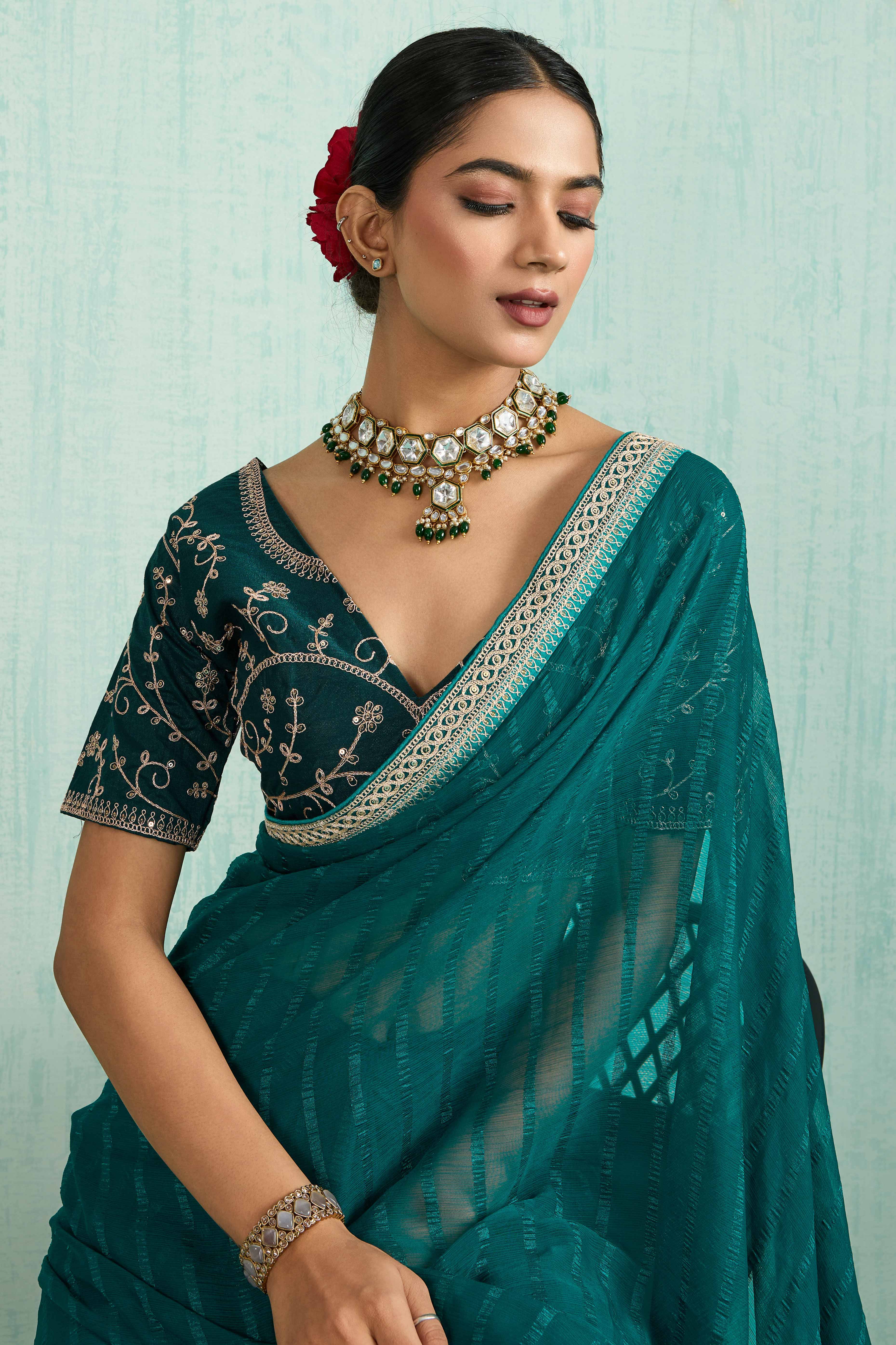 Teal Chiffon Saree With Elegant Stripes & Sequins Embroidered Border