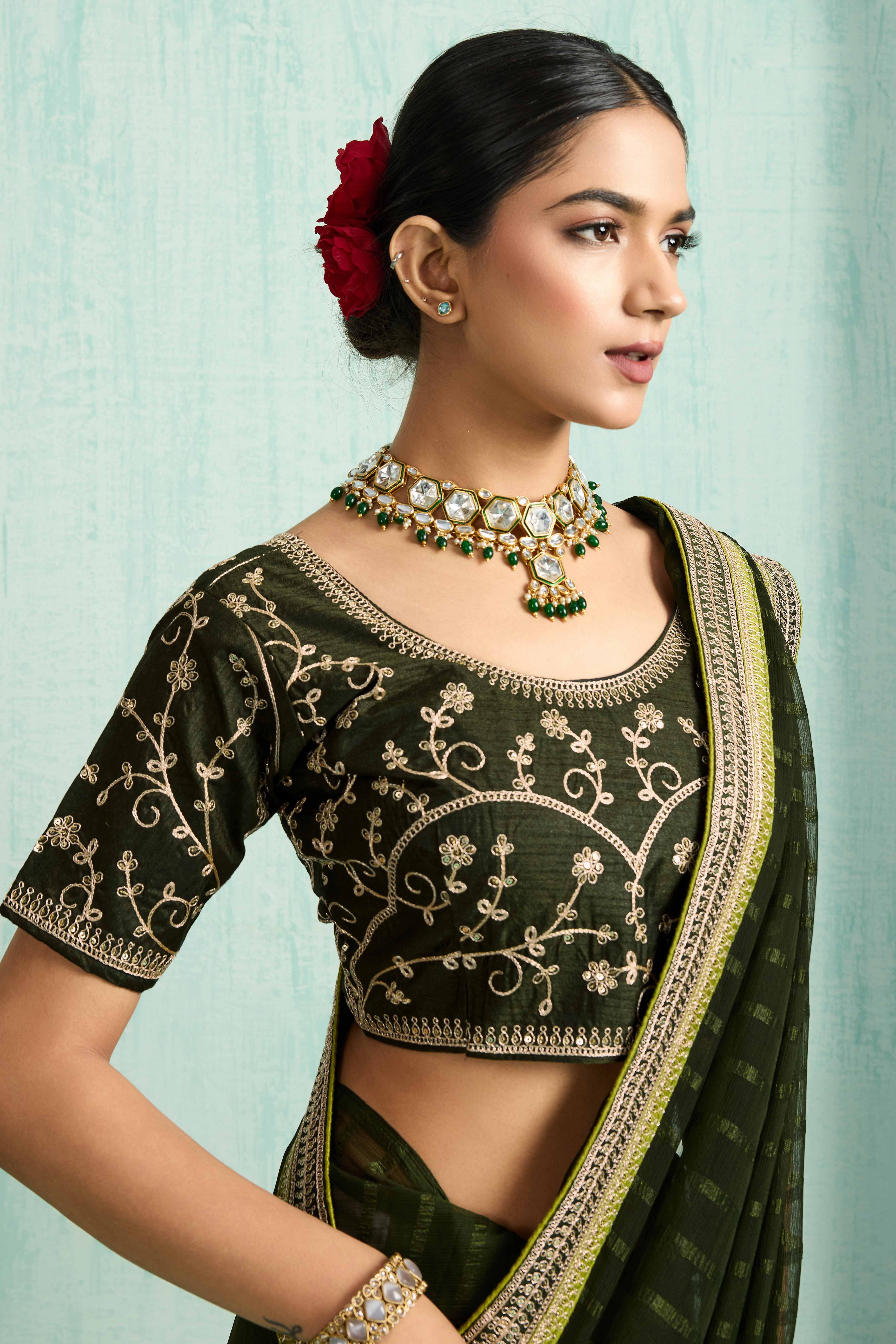 Mehandi Green Chiffon Saree With Elegant Stripes & Sequins Embroidered Border