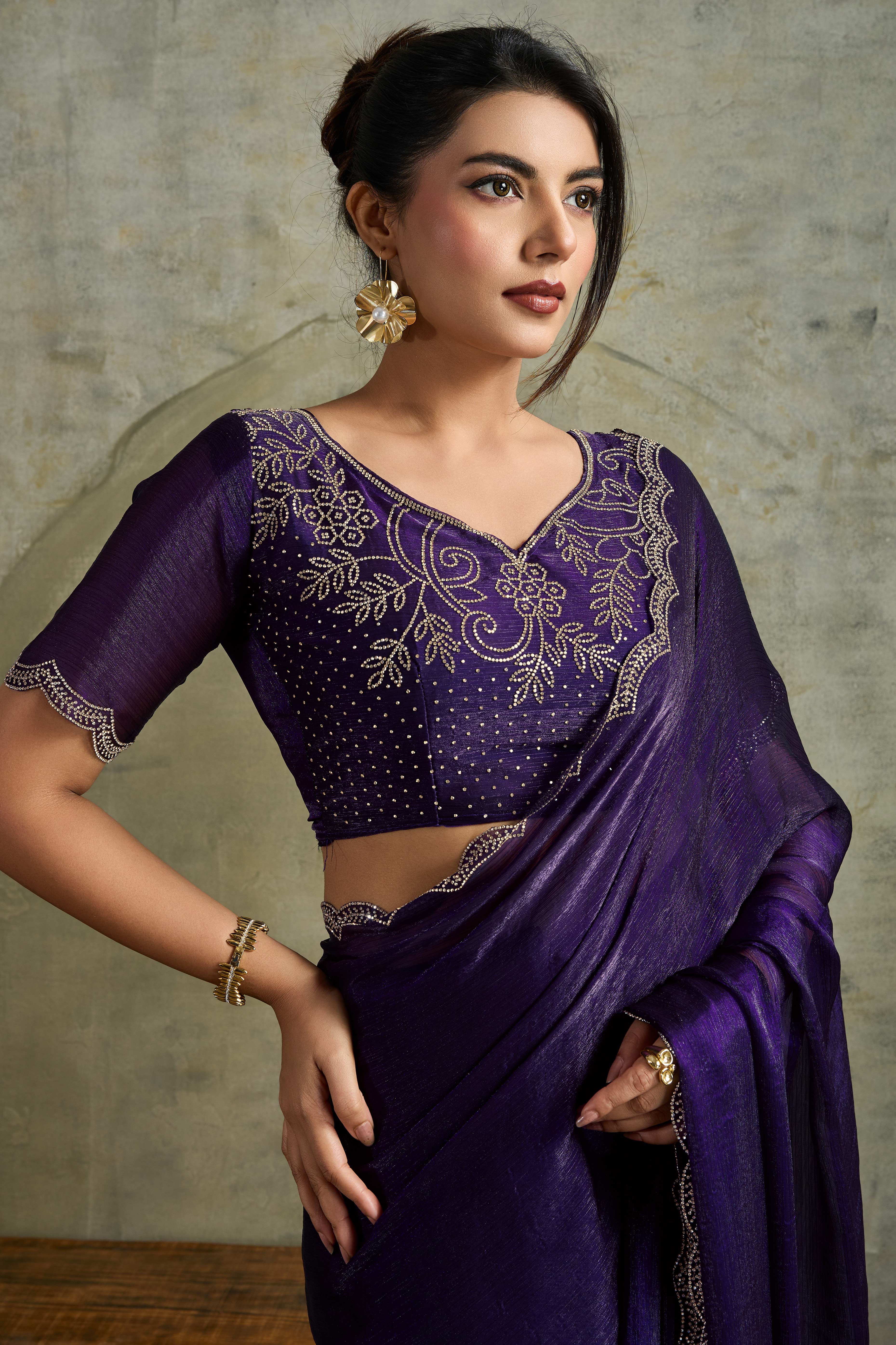 Violet Solid Chiffon Saree With Sparkling Zarkan Border & Latkan Pallu
