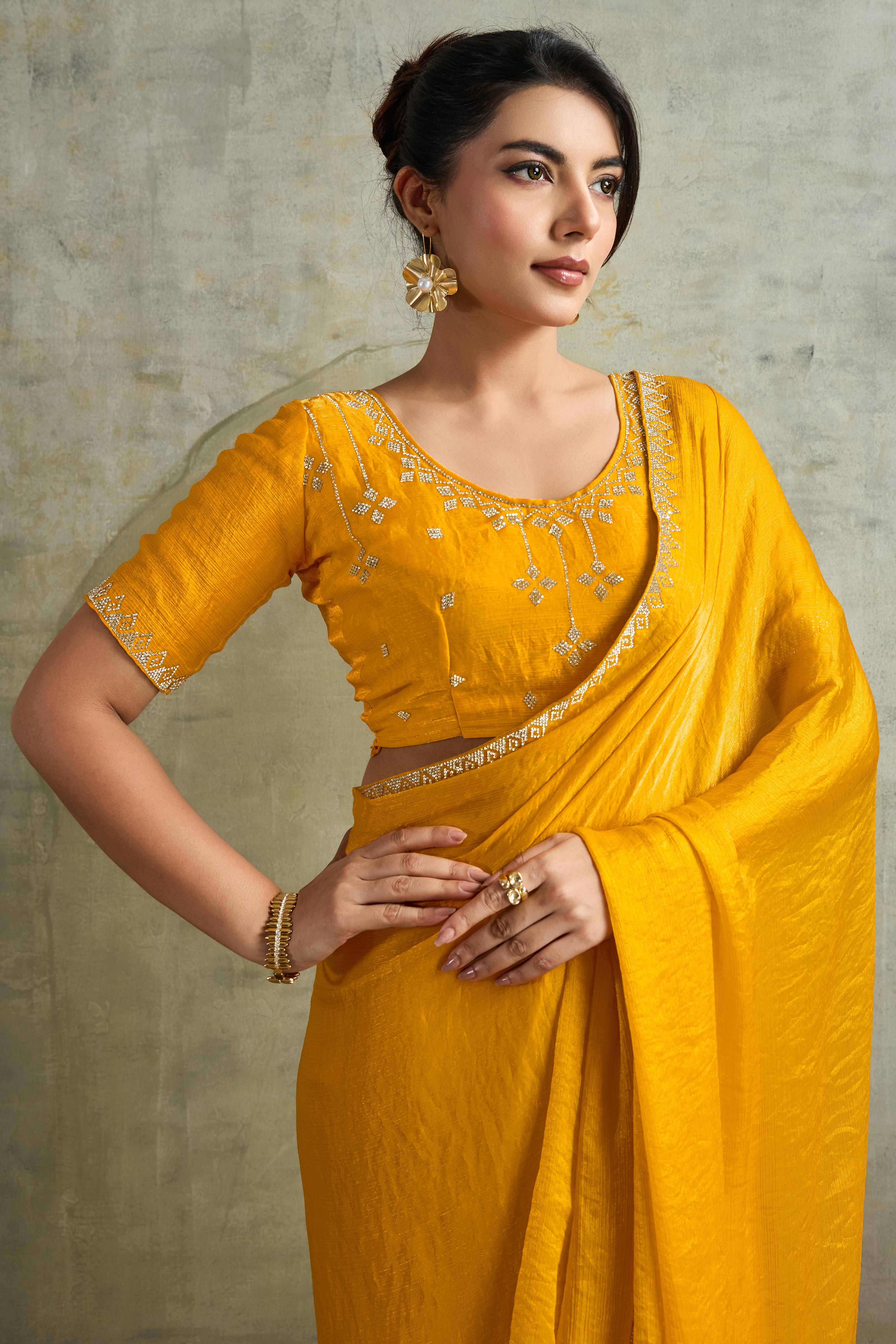Mustard Solid Chiffon Saree With Sparkling Zarkan Border & Latkan Pallu