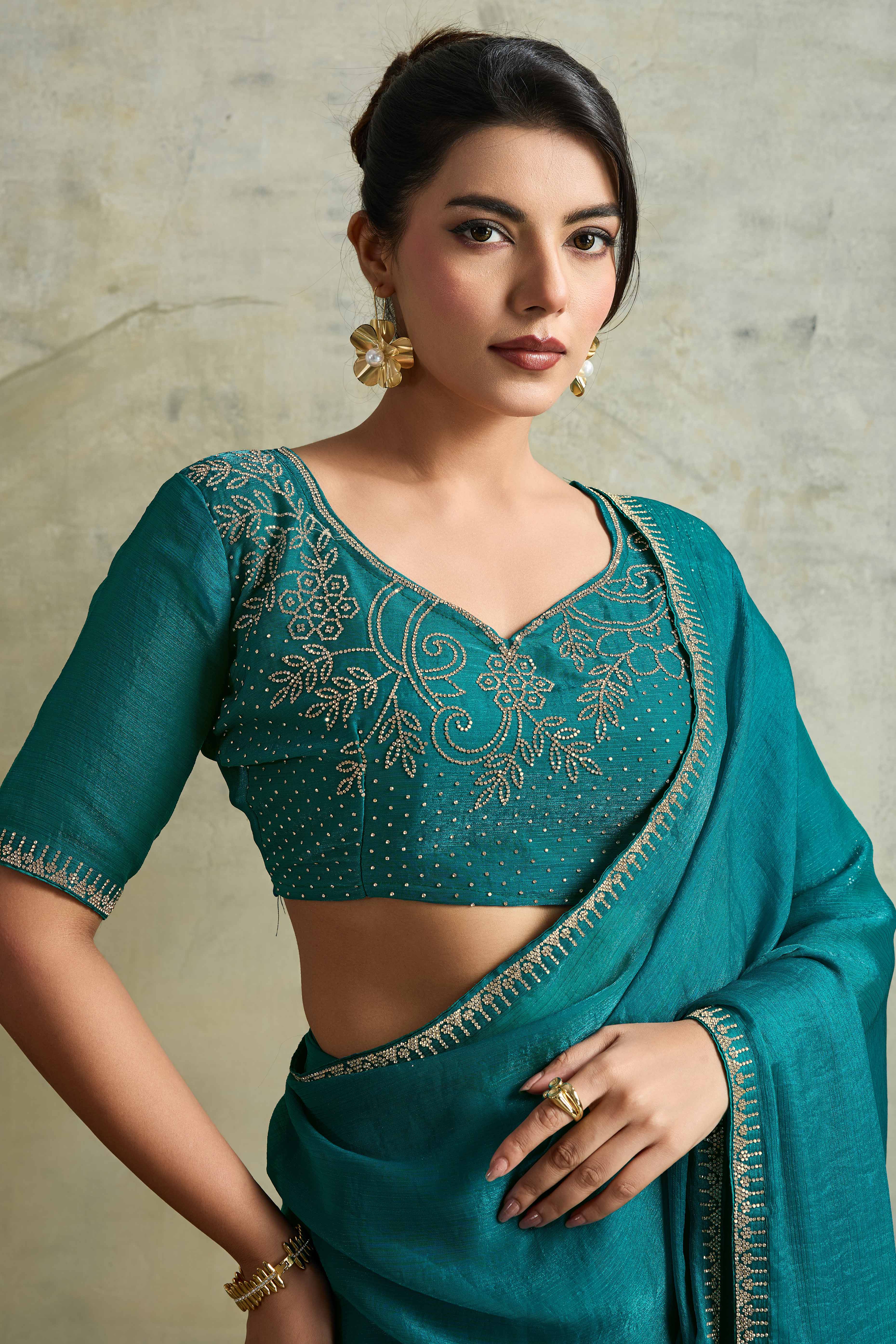 Teal Solid Chiffon Saree With Sparkling Zarkan Border & Latkan Pallu