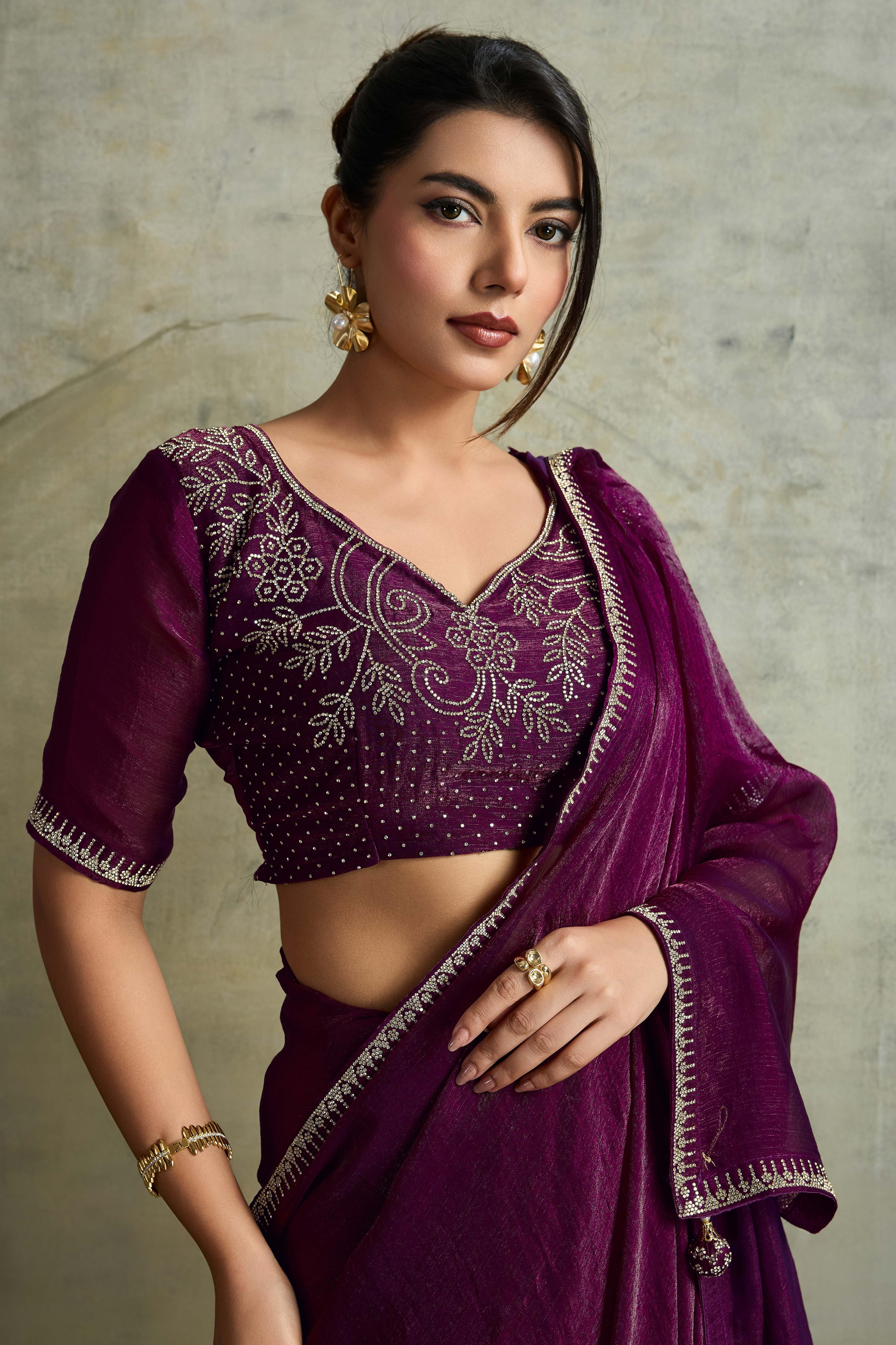 Wine Solid Chiffon Saree With Sparkling Zarkan Border & Latkan Pallu