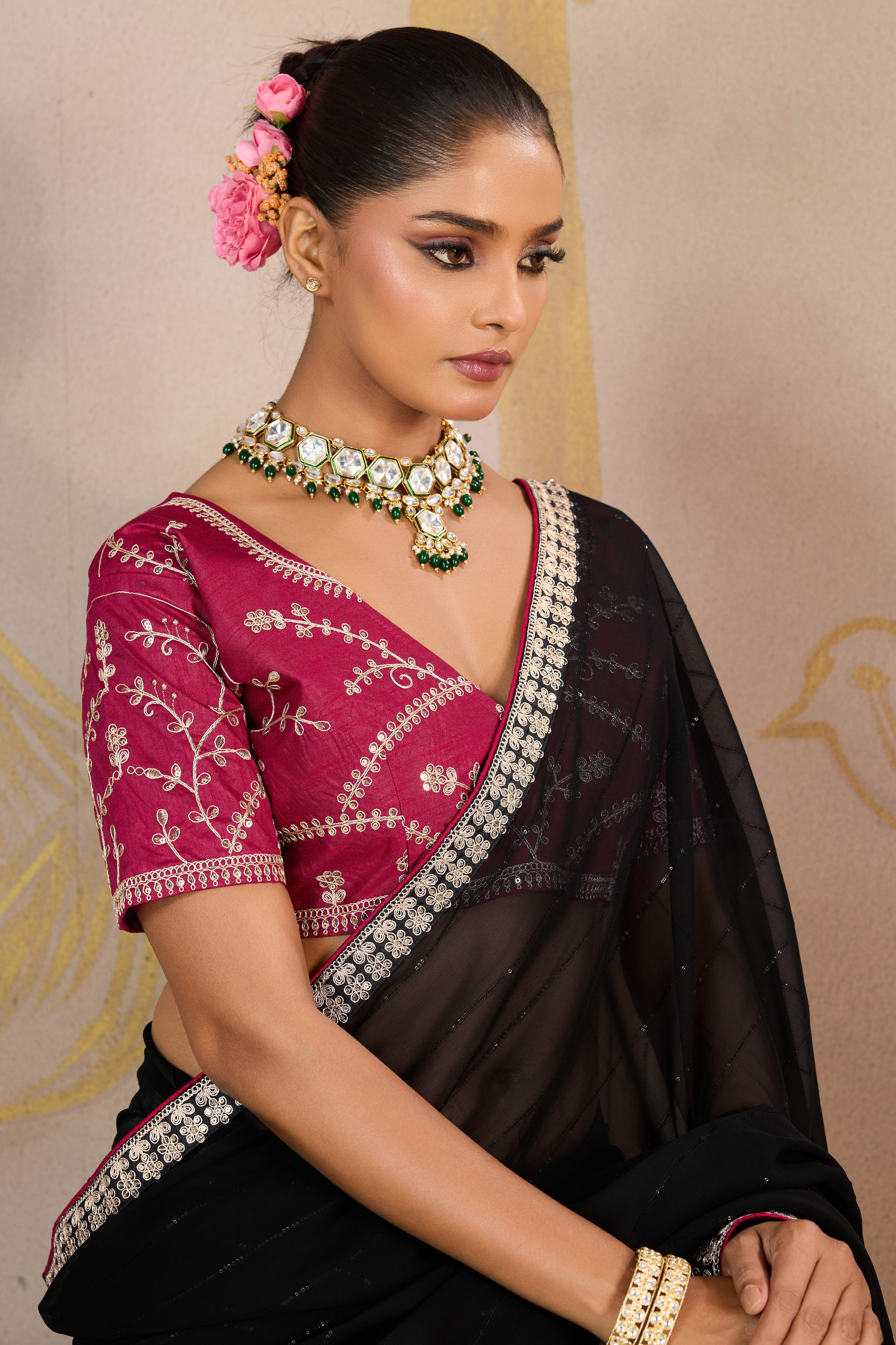 Black Zari Embroidered Georgette Saree Accented With Sequins