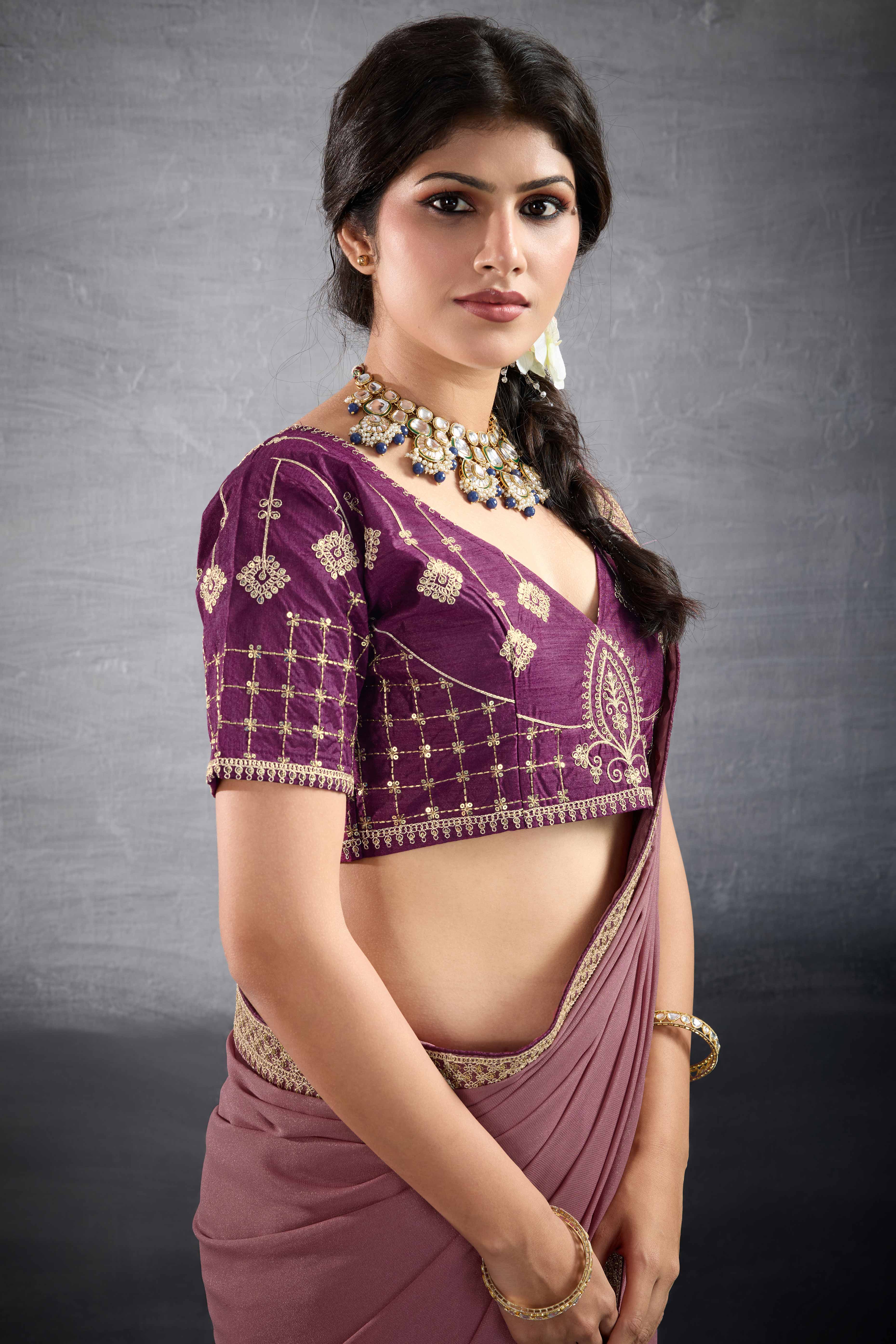 Onion Pink Solid Saree In Georgette With Zari & Sequins Embroidery Border