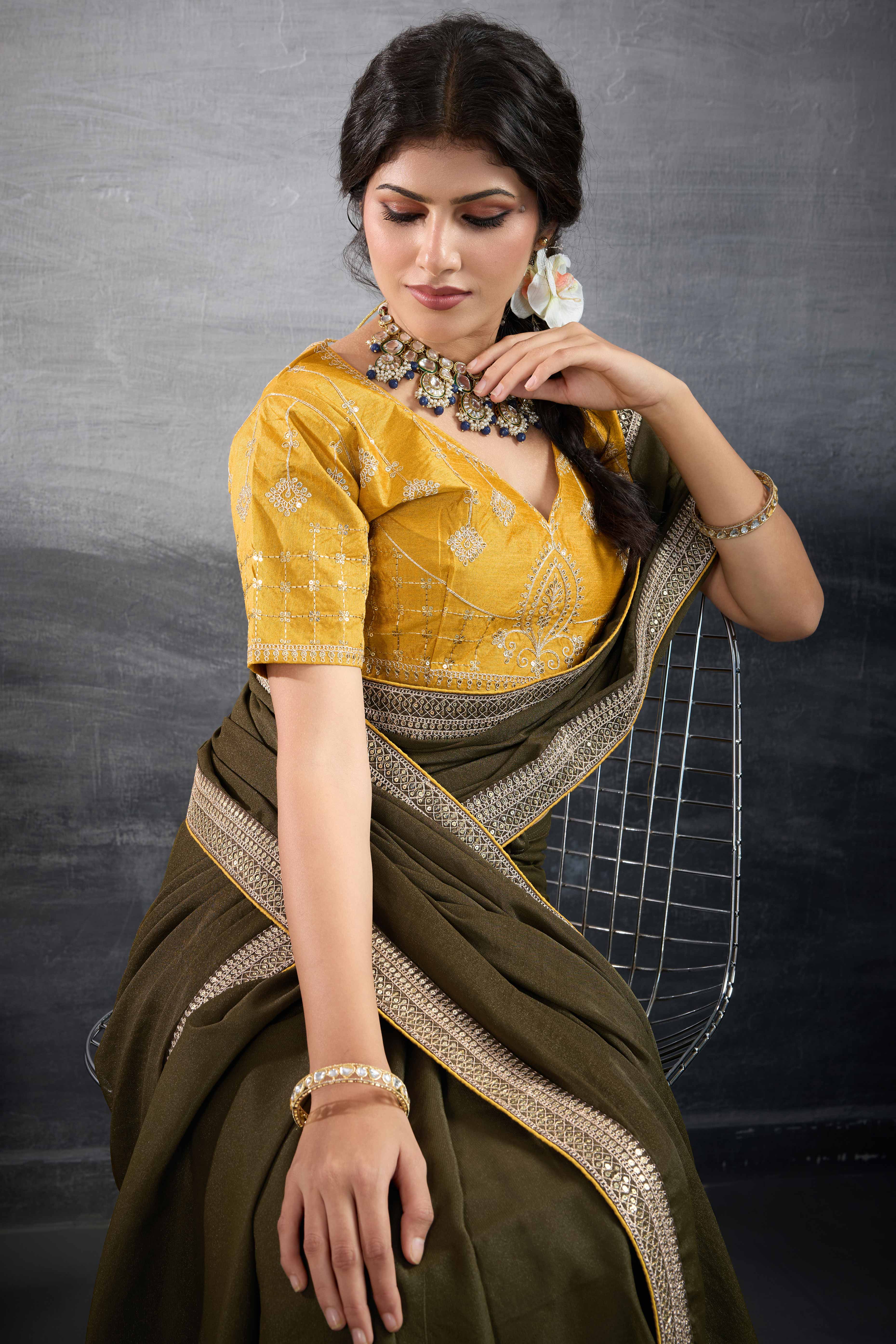 Mehendi Green Solid Saree In Georgette With Zari & Sequins Embroidery Border