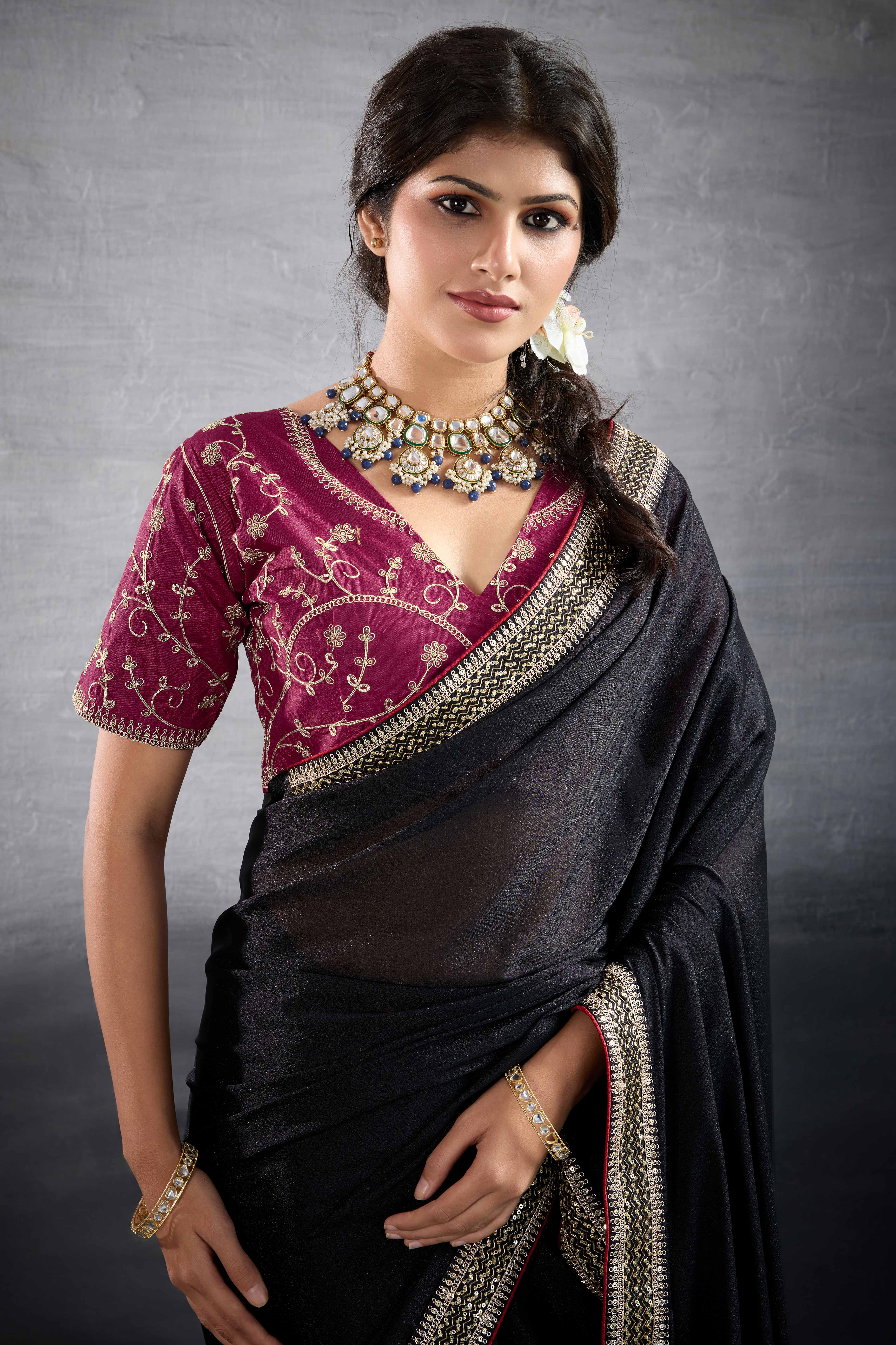 Black Solid Saree In Georgette With Zari & Sequins Embroidery Border