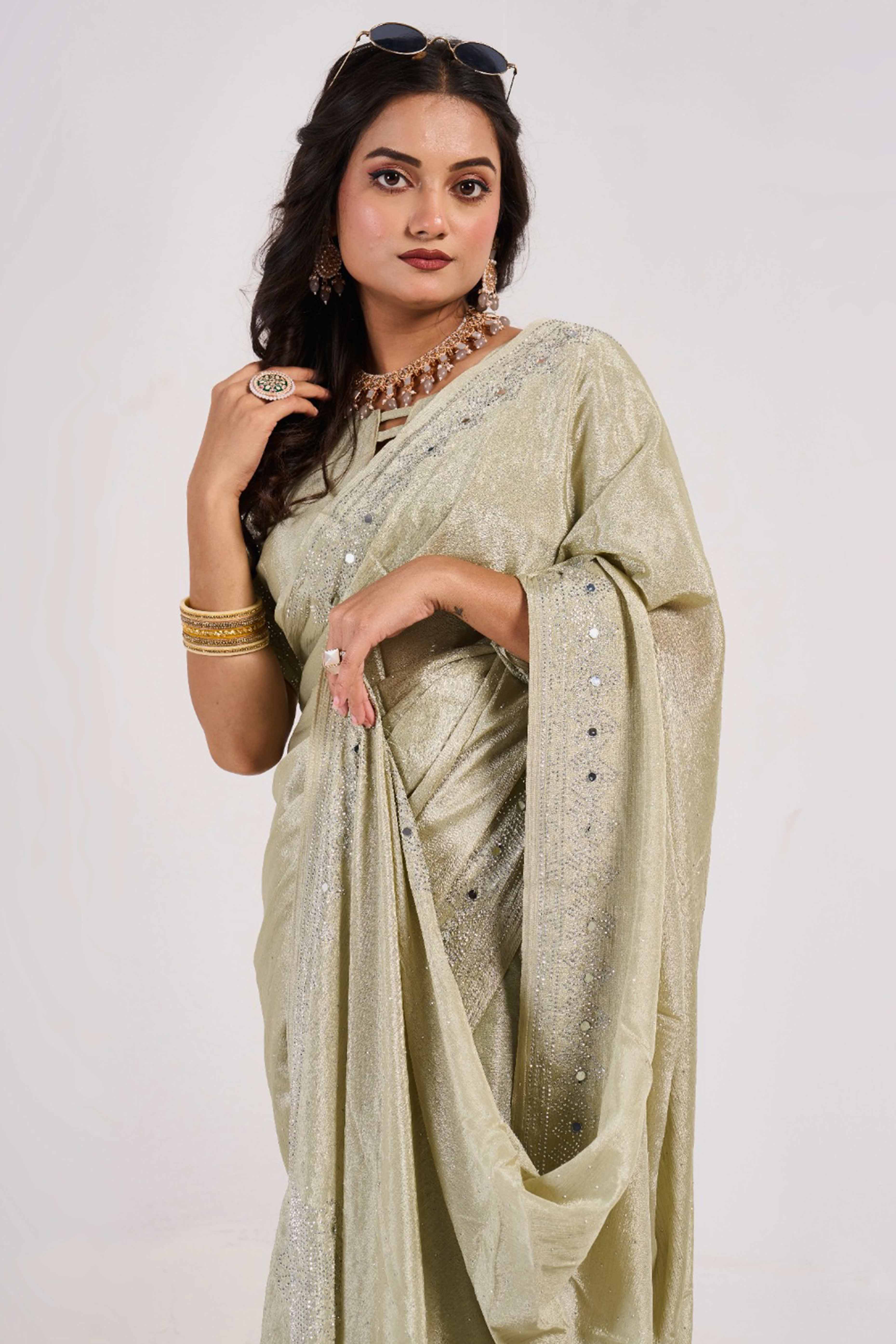 Pista Green Swarovski With Mirror Work Chinon Saree