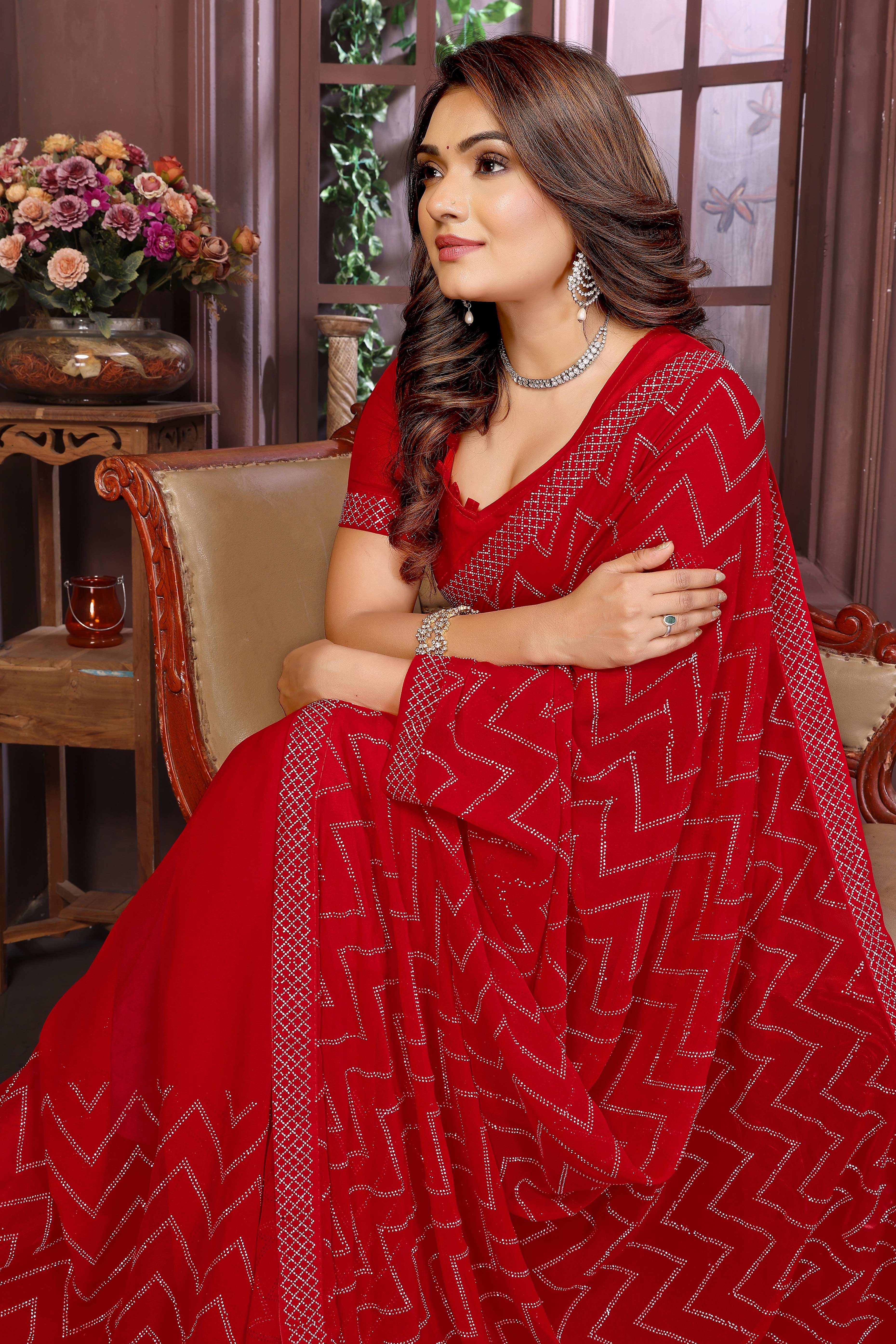 Glamorous Red Zig Zag Design Swarovski Crystal Work Georgette Saree