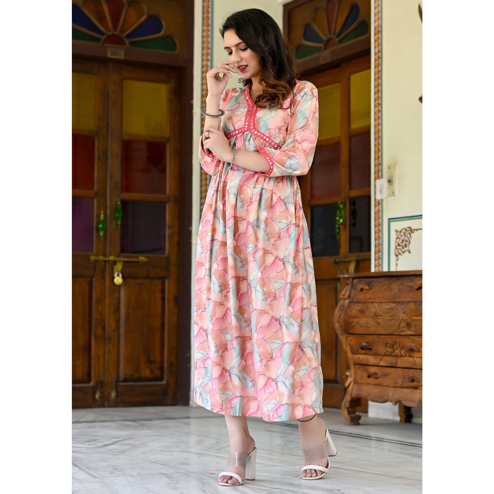 Pink Printed Chanderi Alia Cut Kurti