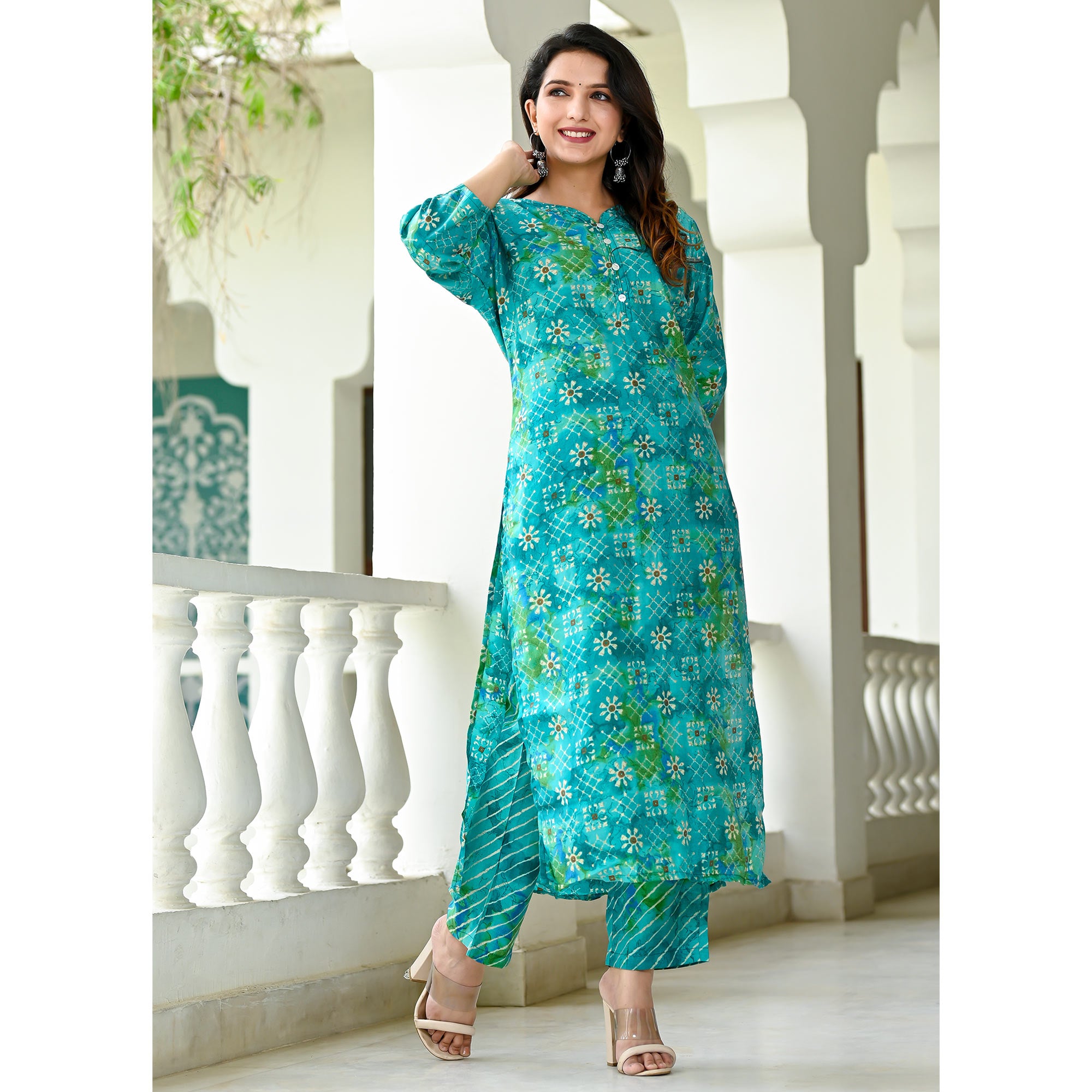 Turquoise Floral Printed Chanderi Suit