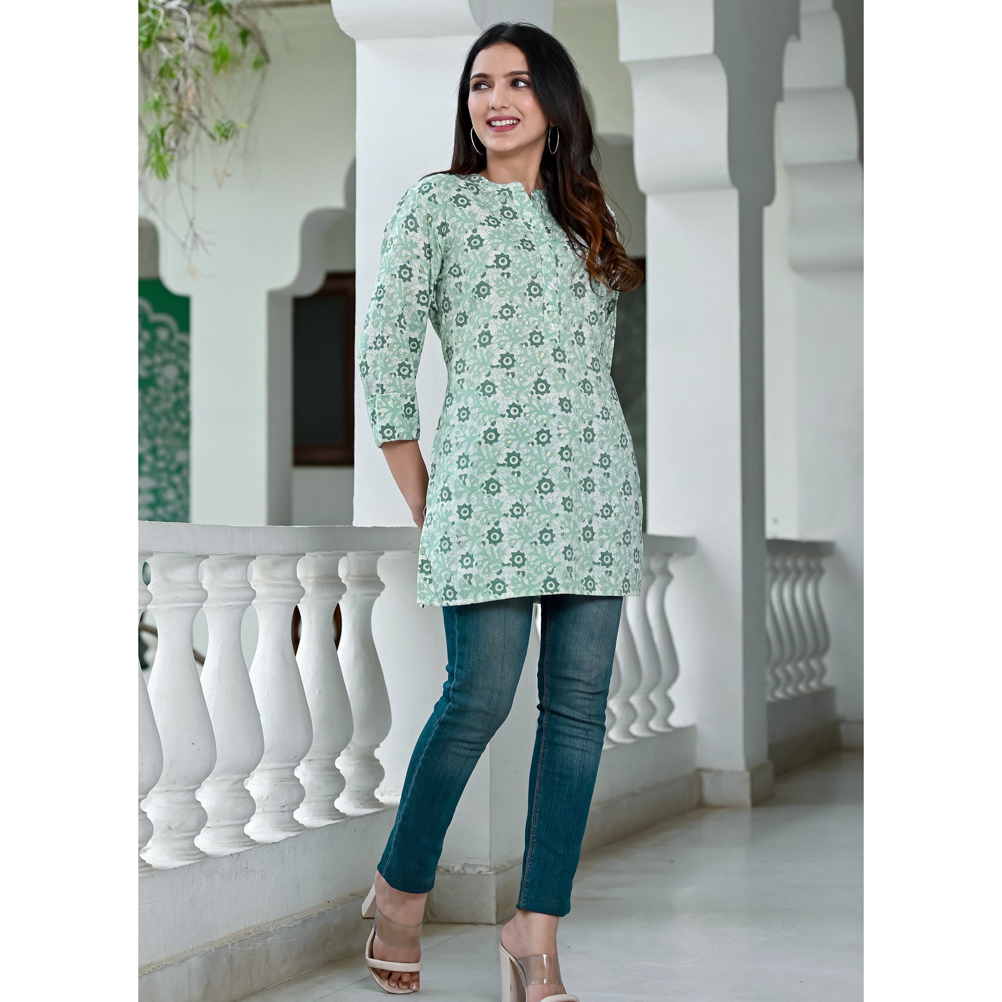 Green Floral Foil Printed Rayon Top