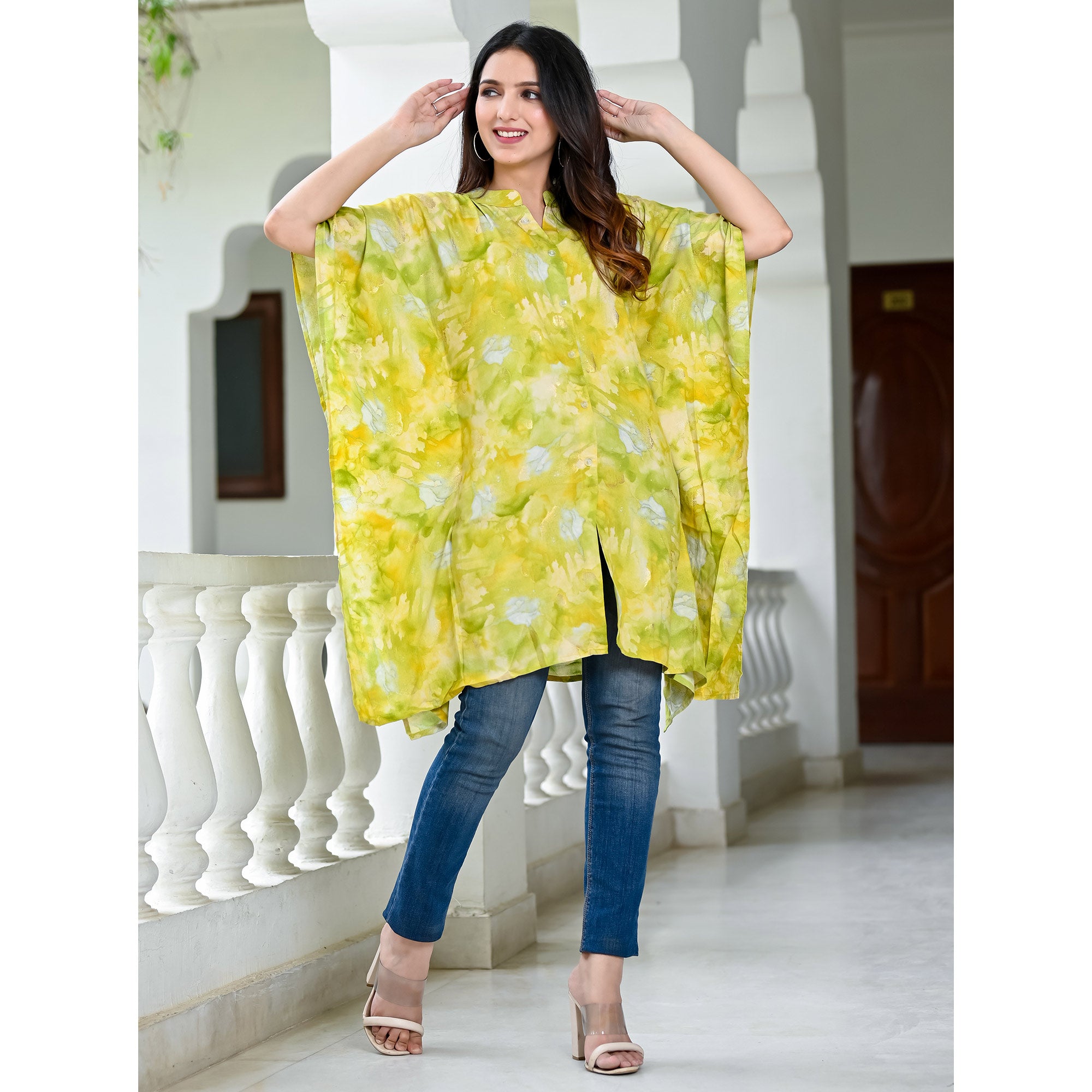 Green Foil Printed Rayon Kaftan