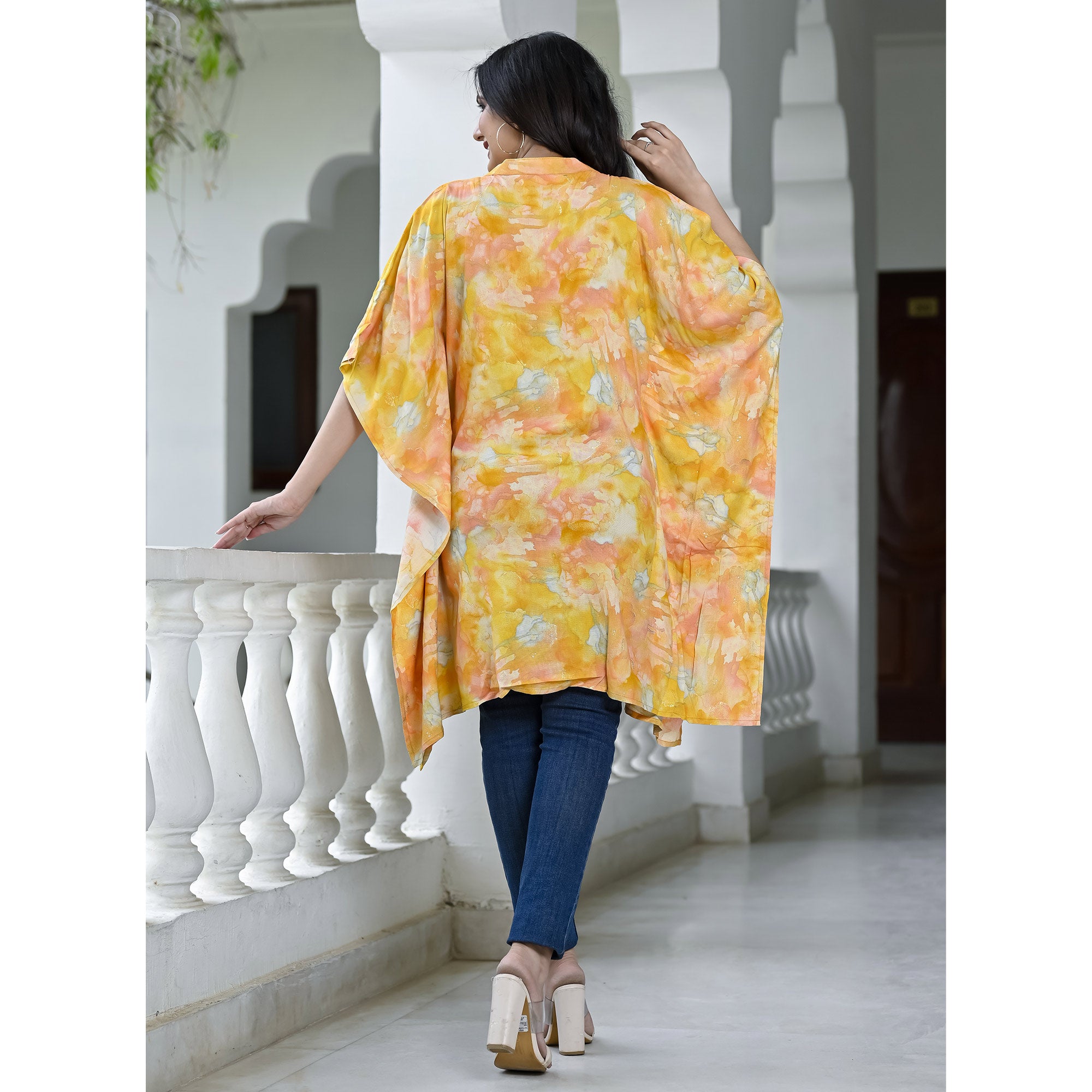 Yellow Foil Printed Rayon Kaftan