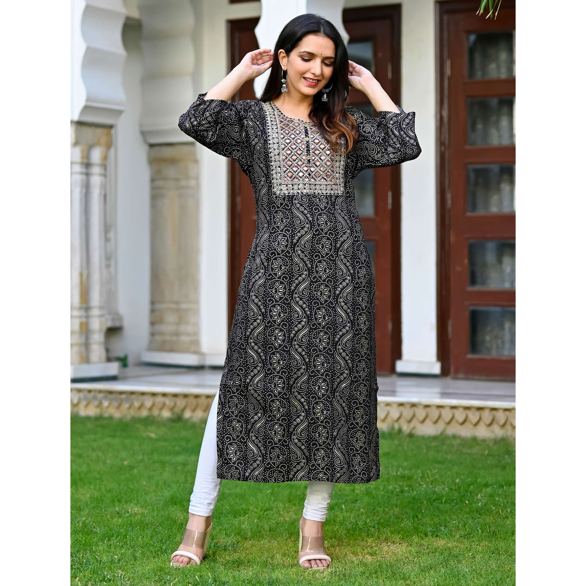 Black Floral Foil Printed Rayon Kurti
