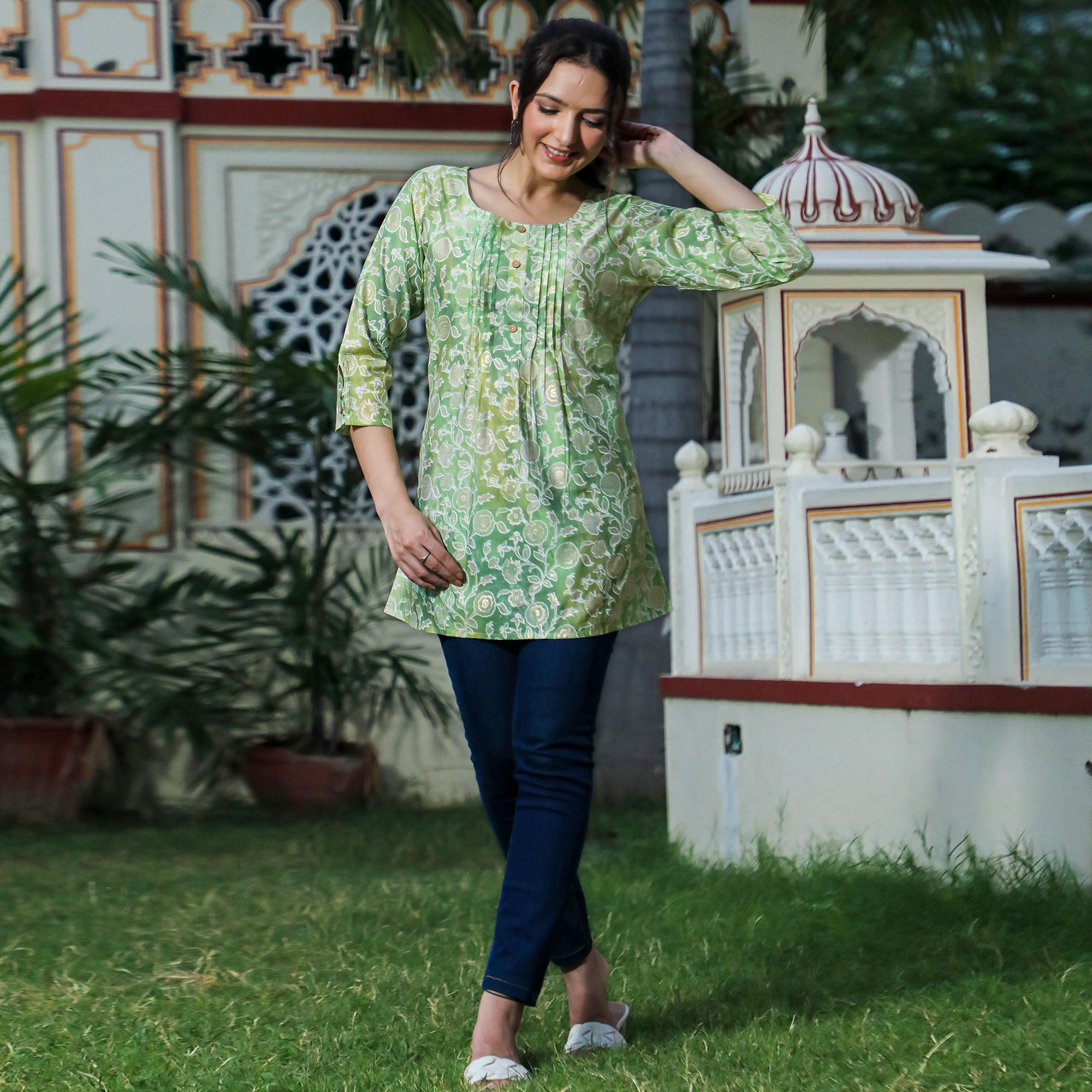 Green Floral Foil Printed Modal Top