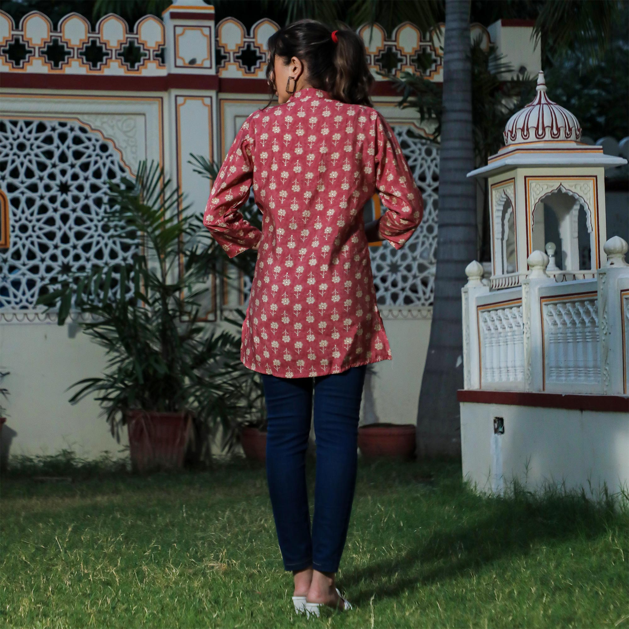 Pink Floral Foil Printed Chanderi Top