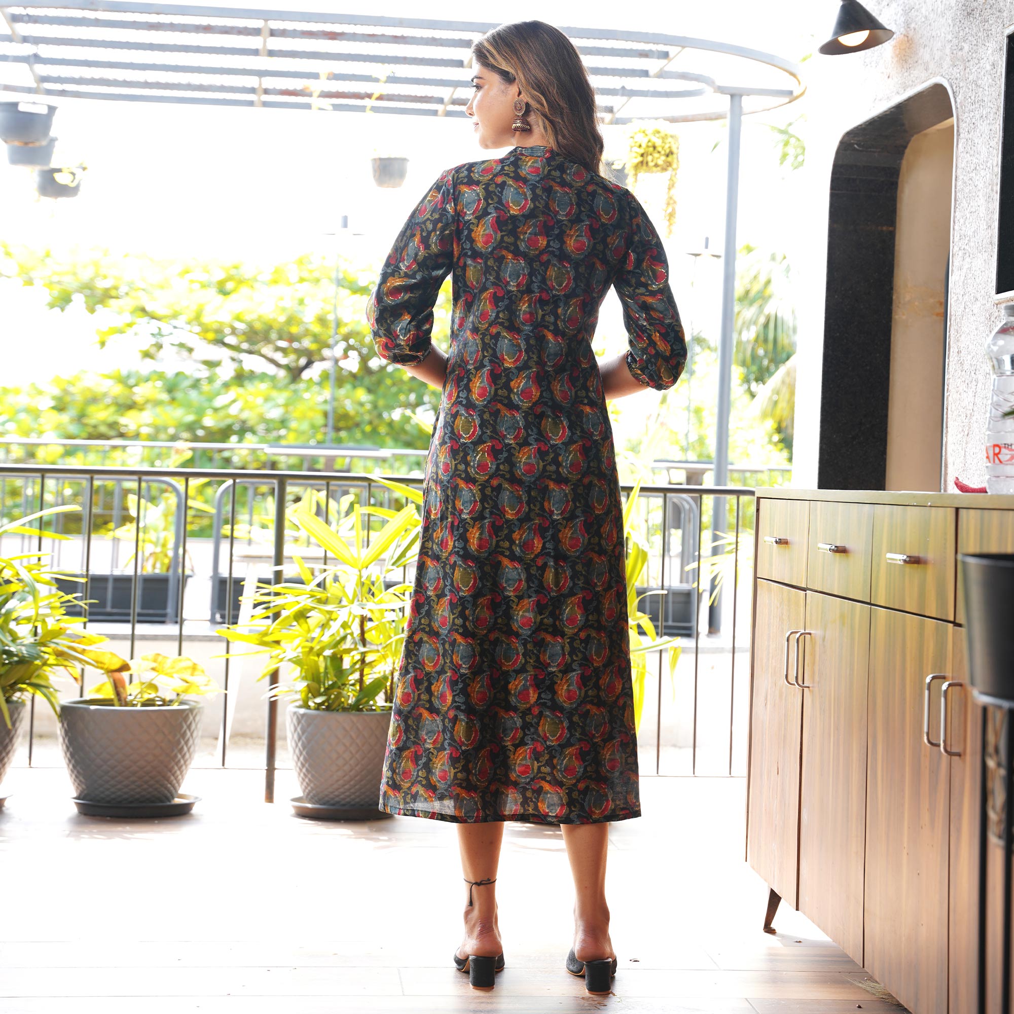 Black Paisley Printed Chanderi A-Line Dress