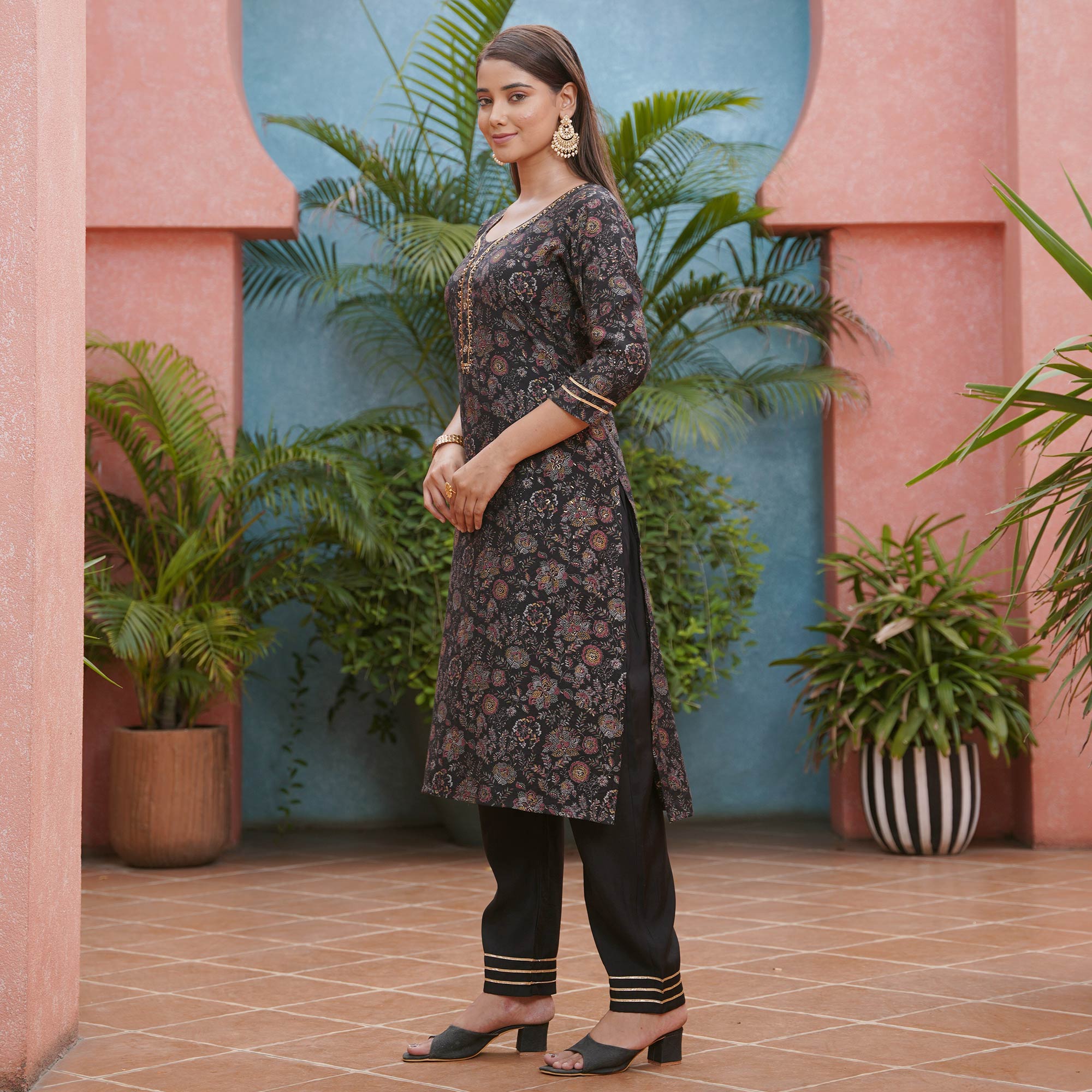 Black Straight Chanderi Silk Suit With Handcrafted & Foil Print