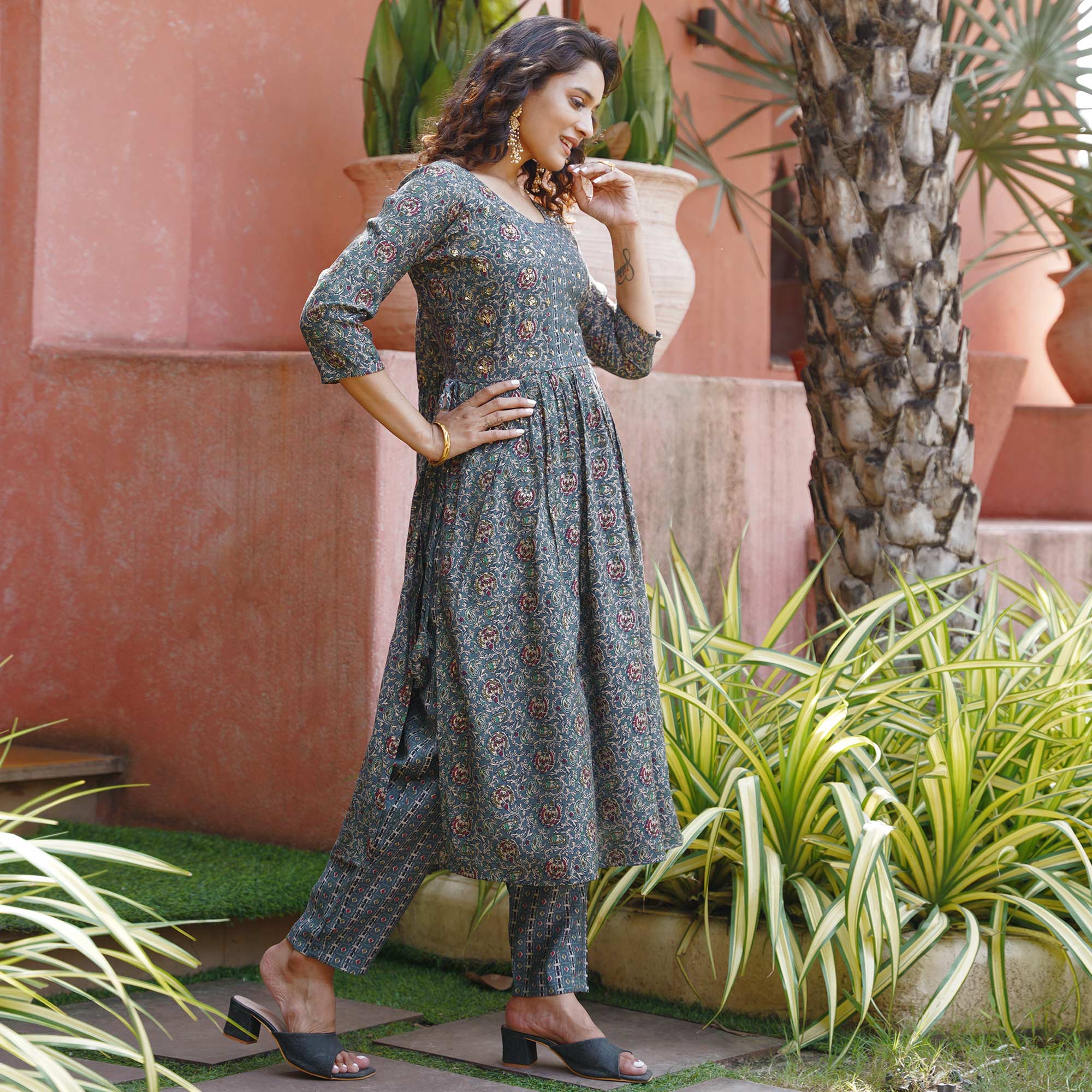 Grey Naira Cut Chanderi Silk Suit With Handcrafted