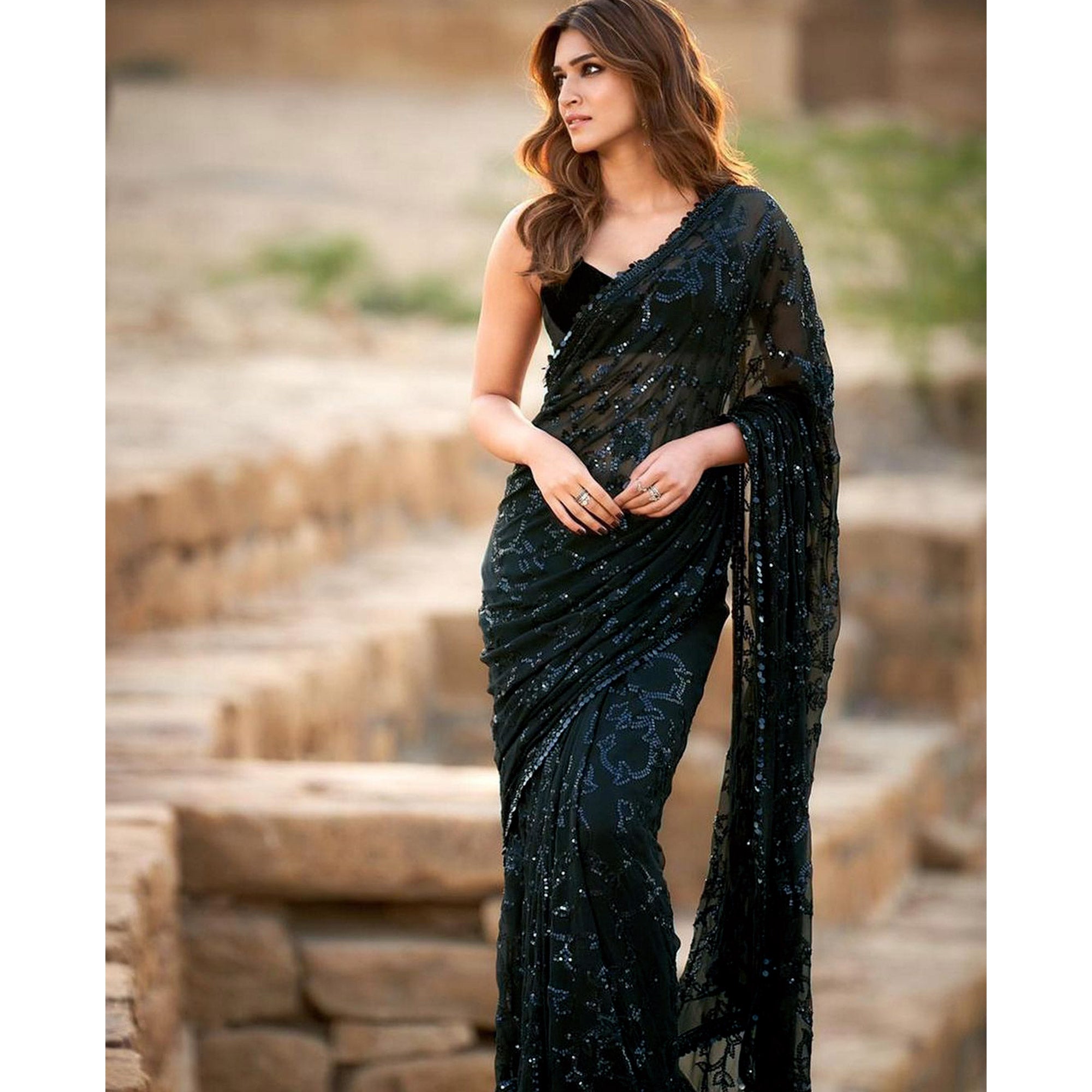 Black Sequins Embroidered Georgette Saree