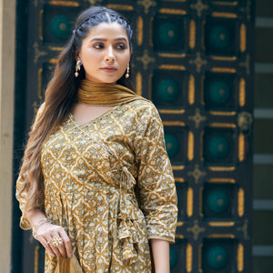Mustard Angrakha Pure Cotton Suit with Foil Print & Zardozi Handcrafted Neckline