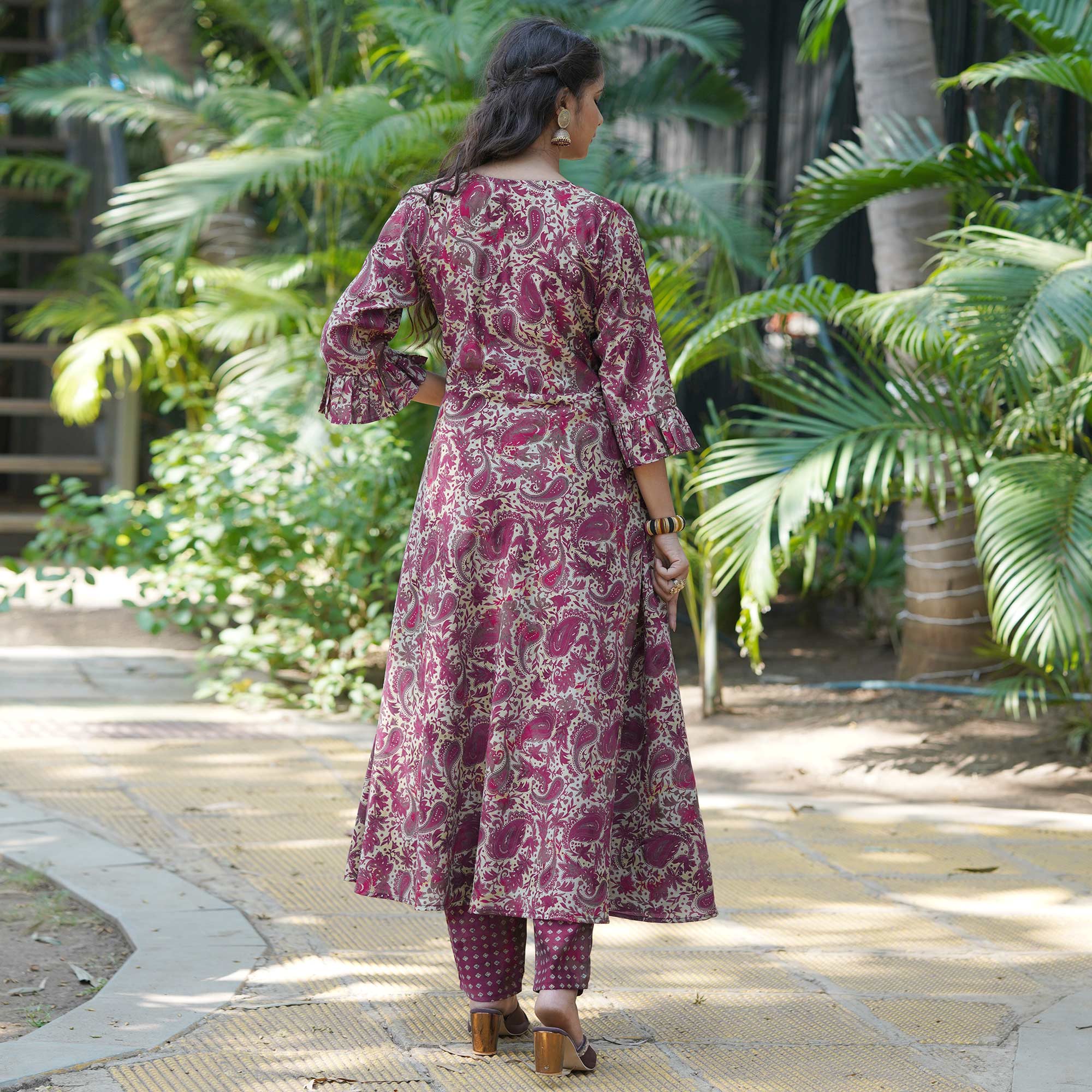 Wine Anarkali Chanderi Silk Suit With Hancrafted & Foil Print