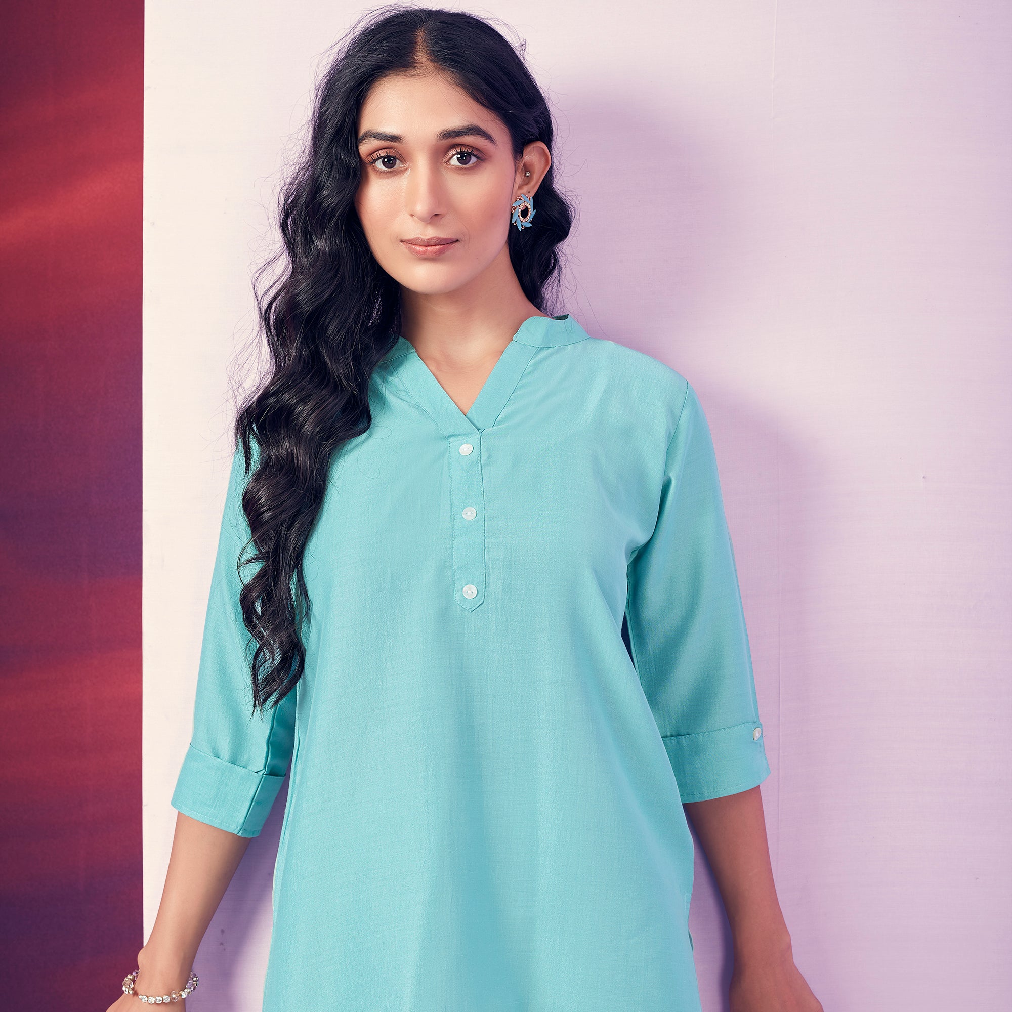 Blue Solid Cotton Blend Top