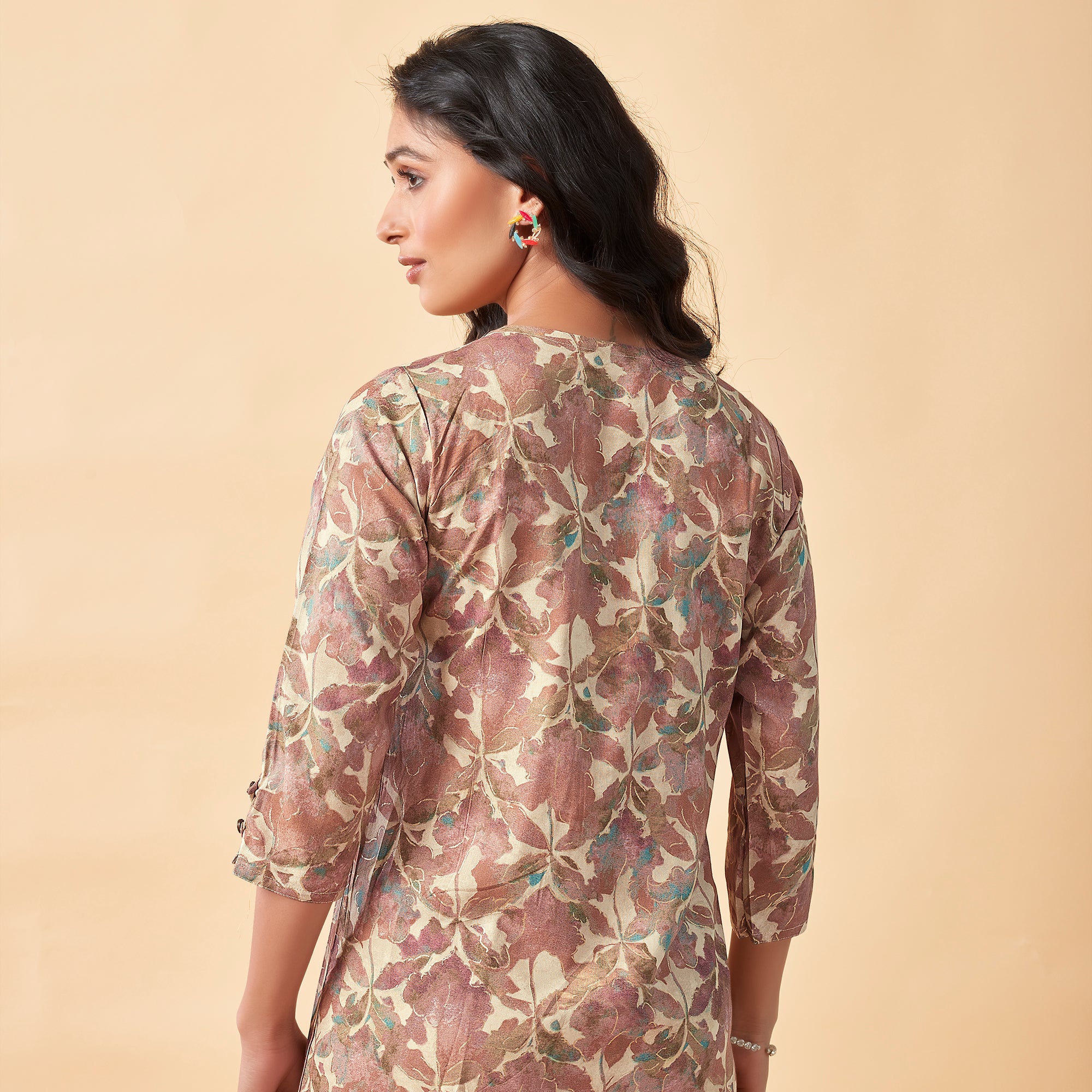 Brown Floral Foil Printed Rayon Top
