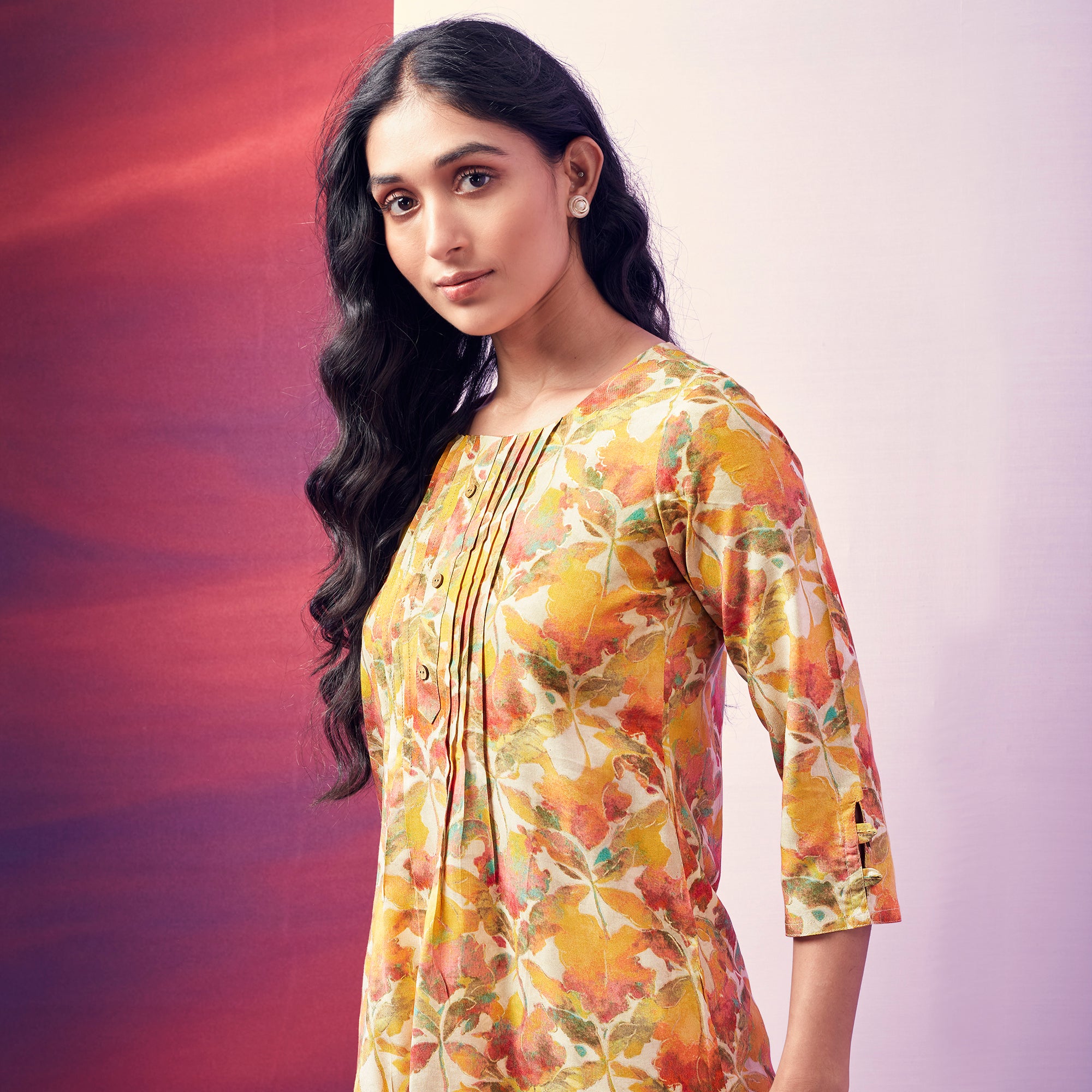 Yellow Floral Foil Printed Rayon Top