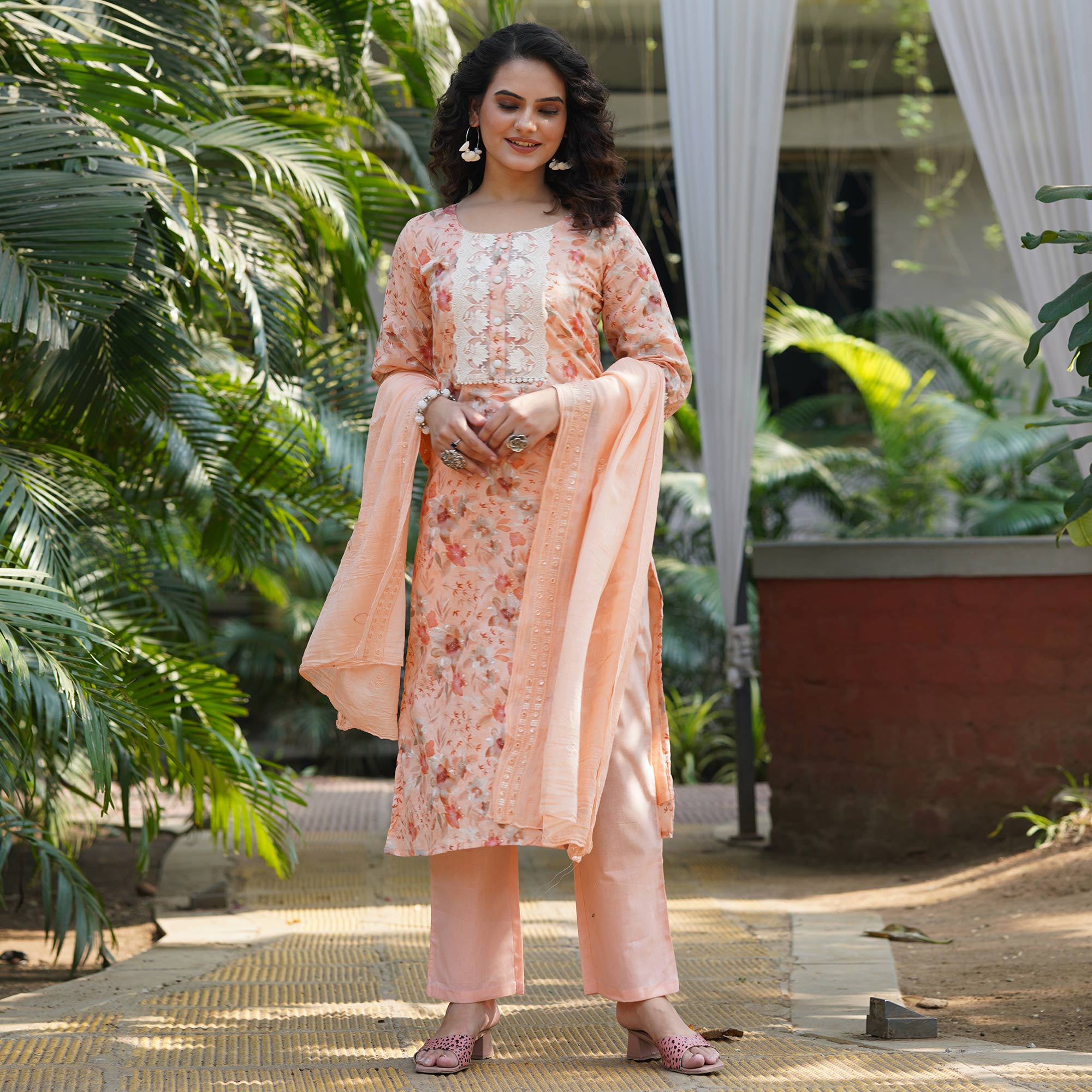 Peach Straight Pure Cotton Suit With Foil Print & Yoke Embroidery