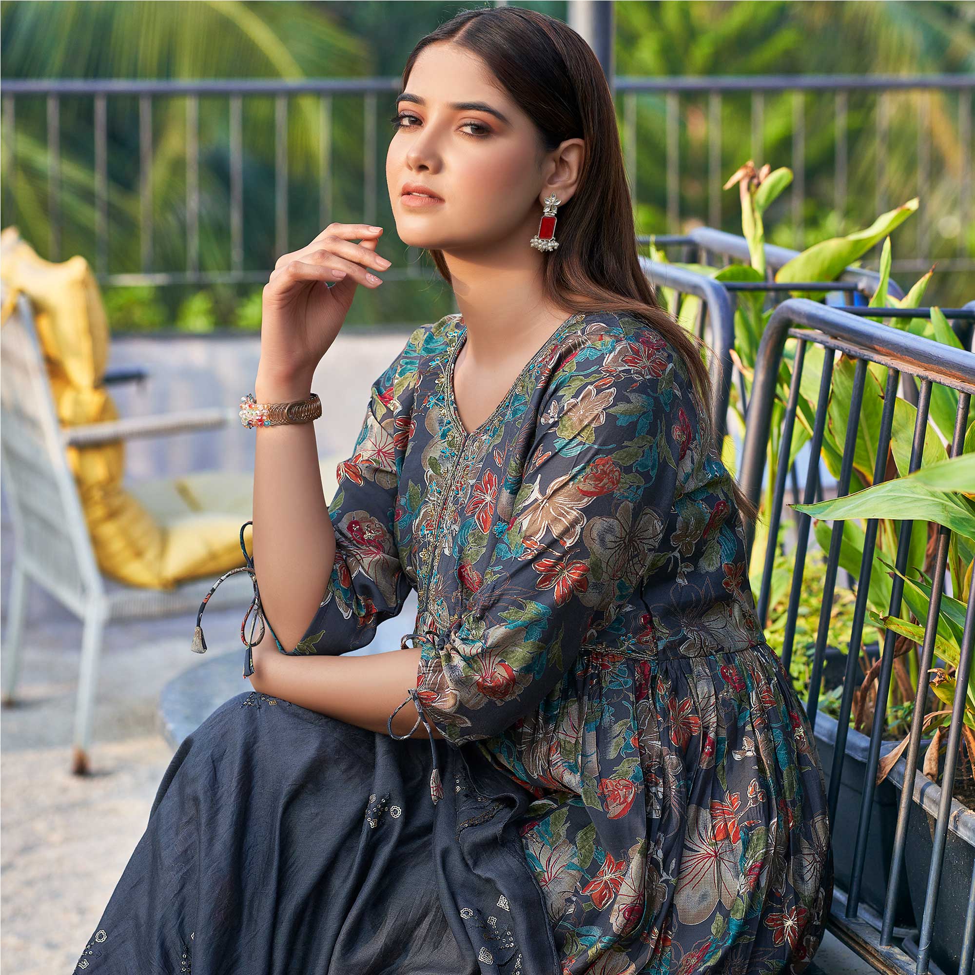 Blue Chanderi Silk Alia Cut Suit with Zardosi Handcraft & Foil Print