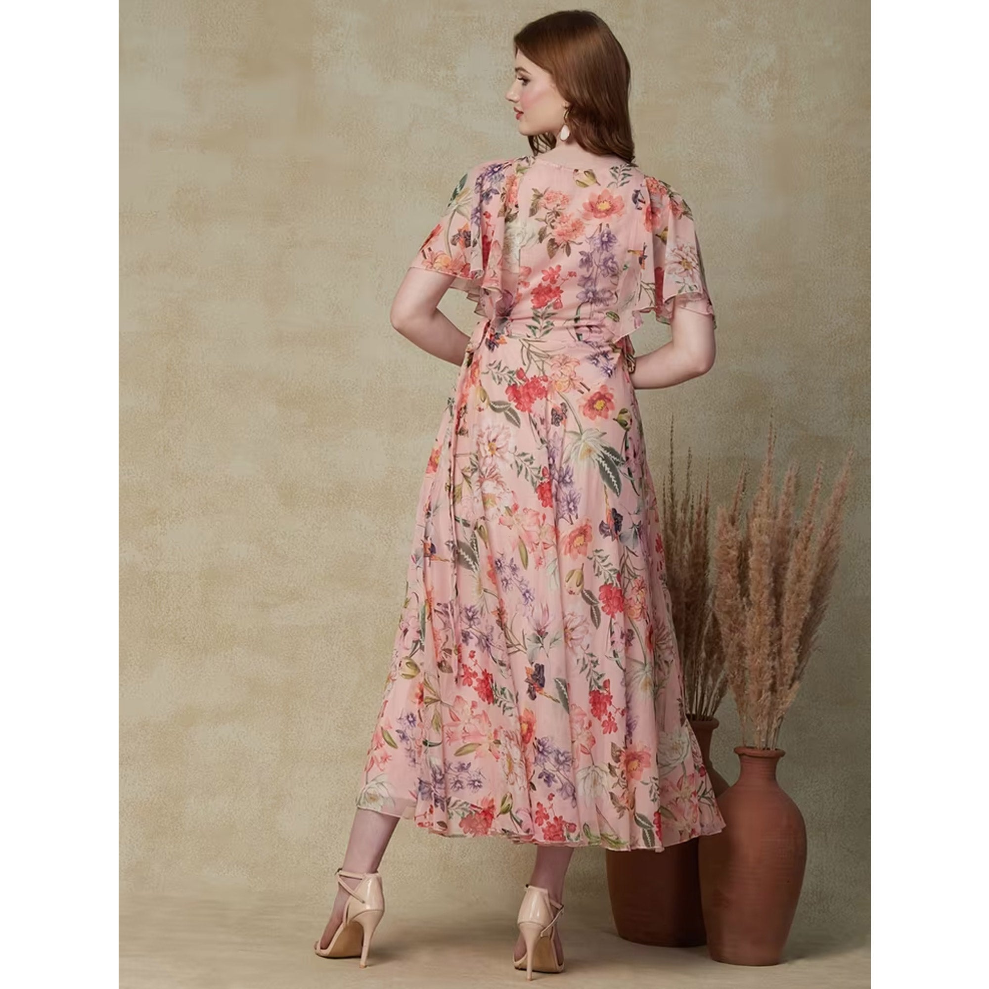 Peach Floral Printed A-Line Chiffon Dress