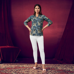 Grey Foil Printed Straight Muslin Top