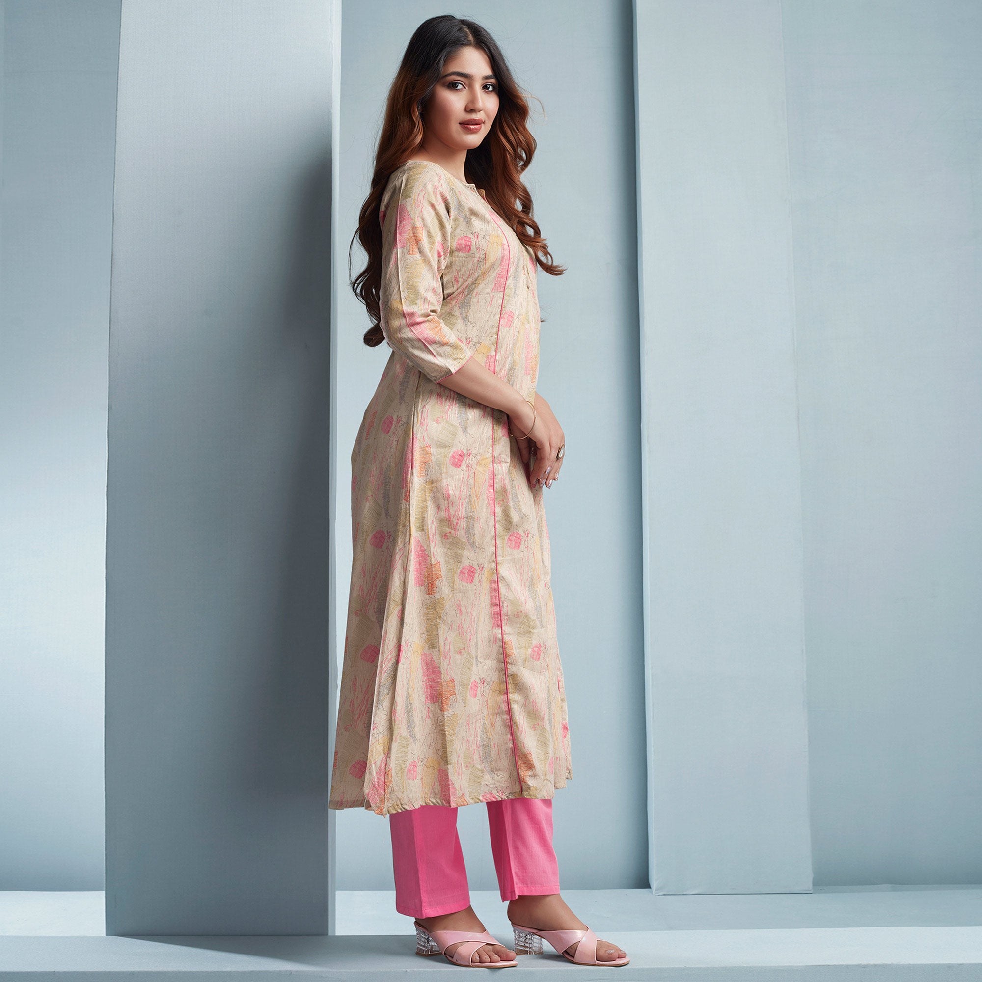 Off White Foil Printed Pure Cotton A-line Salwar Suit