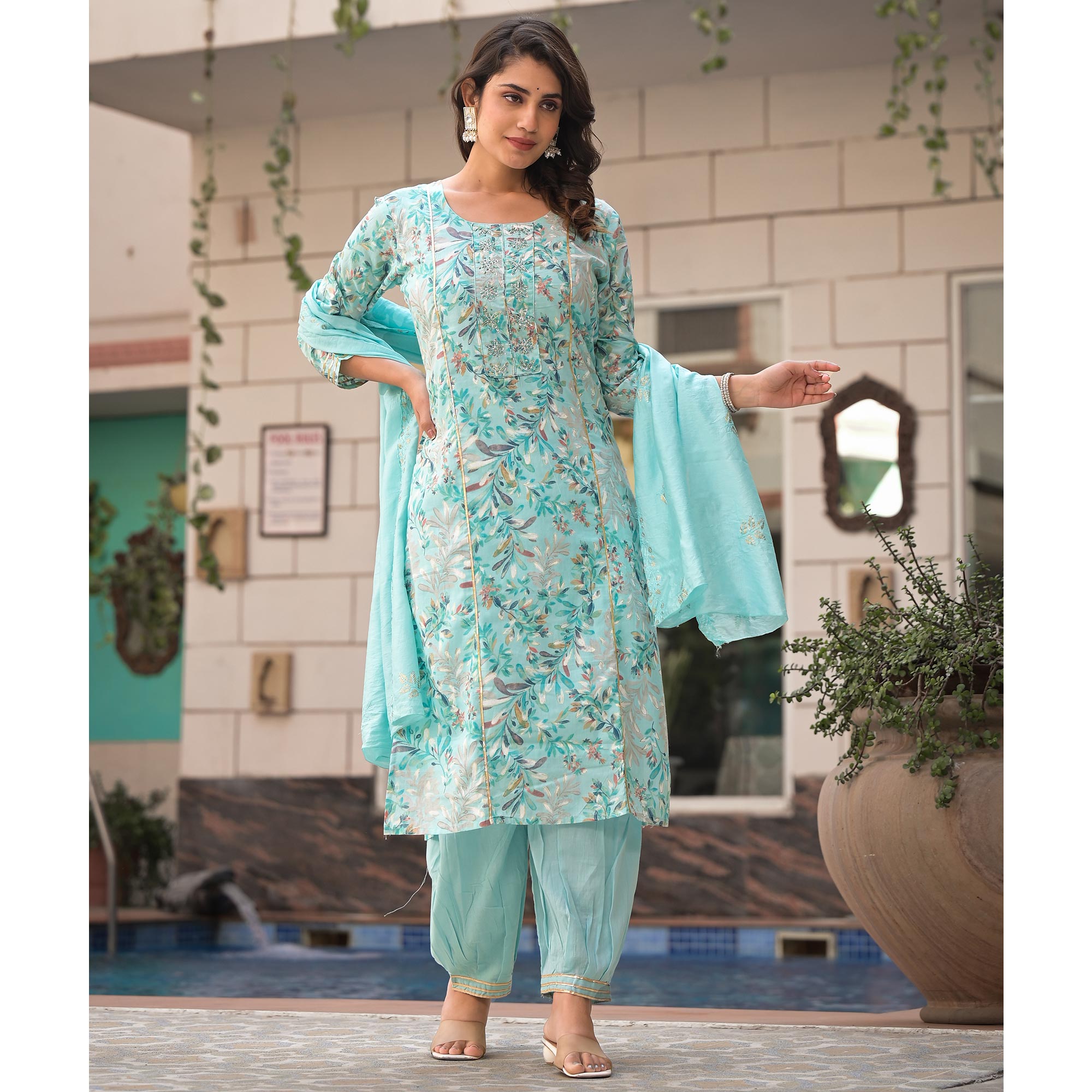 Turquoise Floral Foil Printed Pure Cotton A-Line Salwar Suit