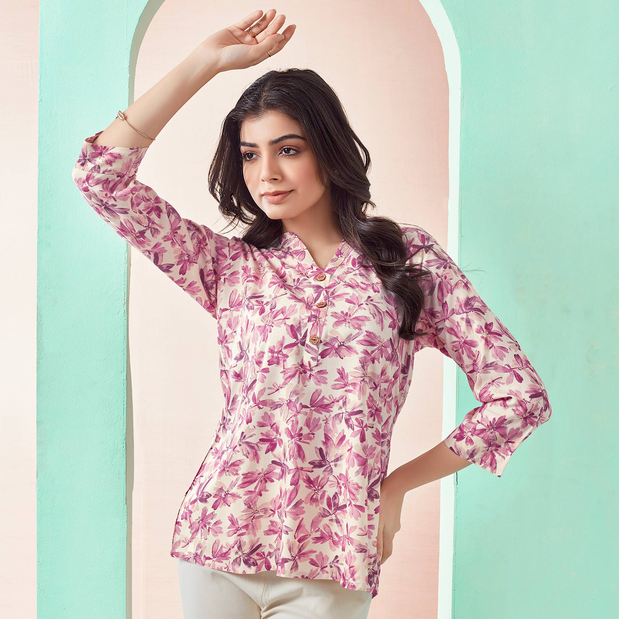 Cream & Pink Floral Foil Printed Rayon Straight Top